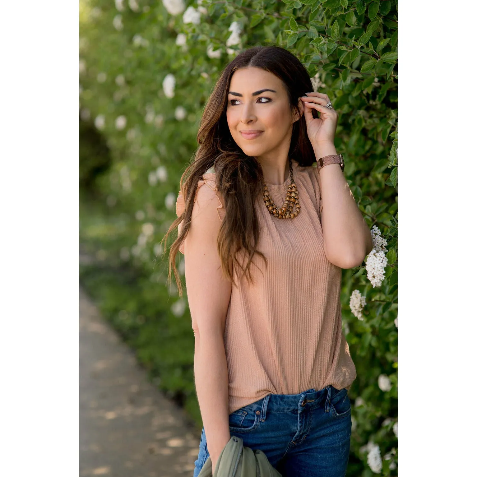 Textured Ruffle Cinched Neck Tank