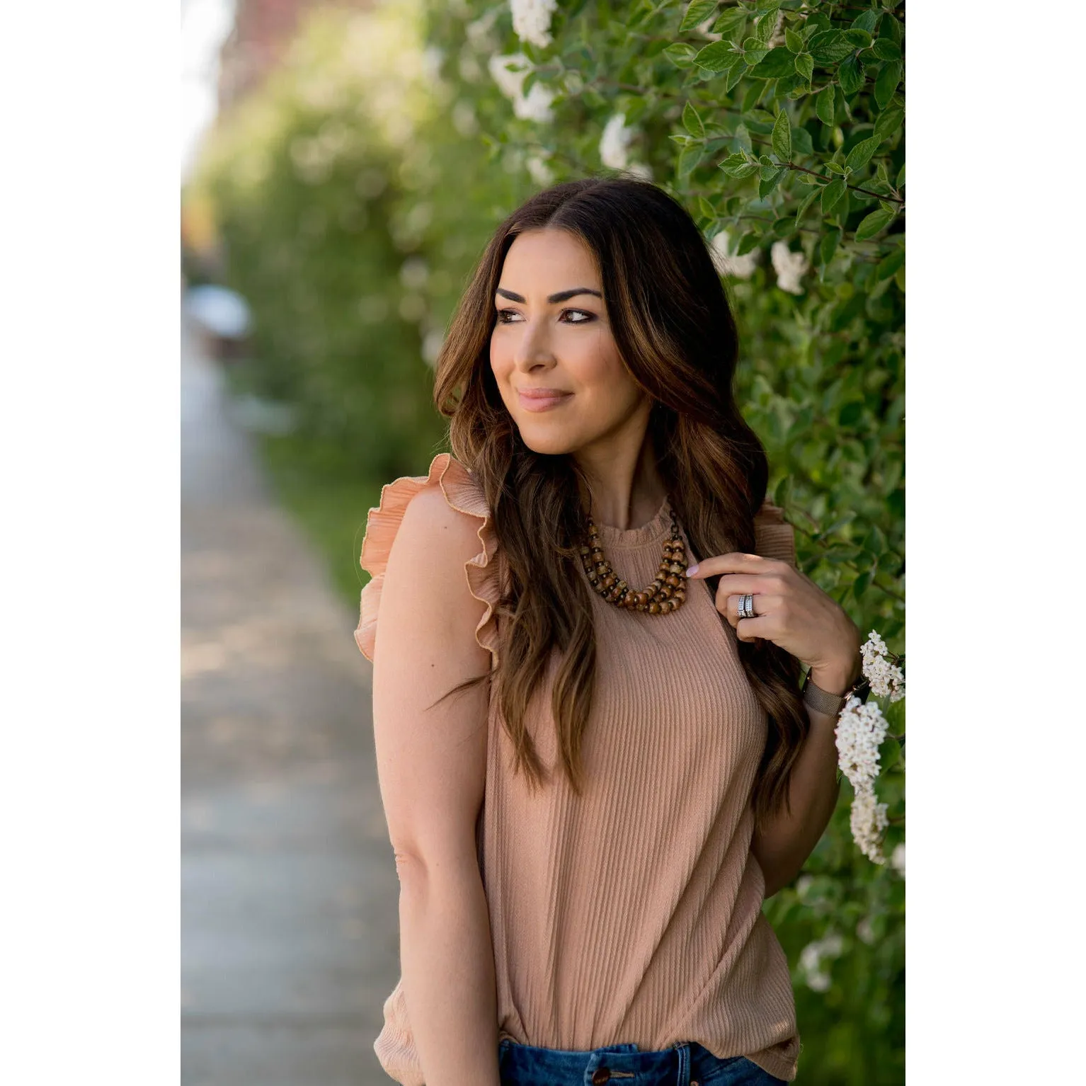 Textured Ruffle Cinched Neck Tank