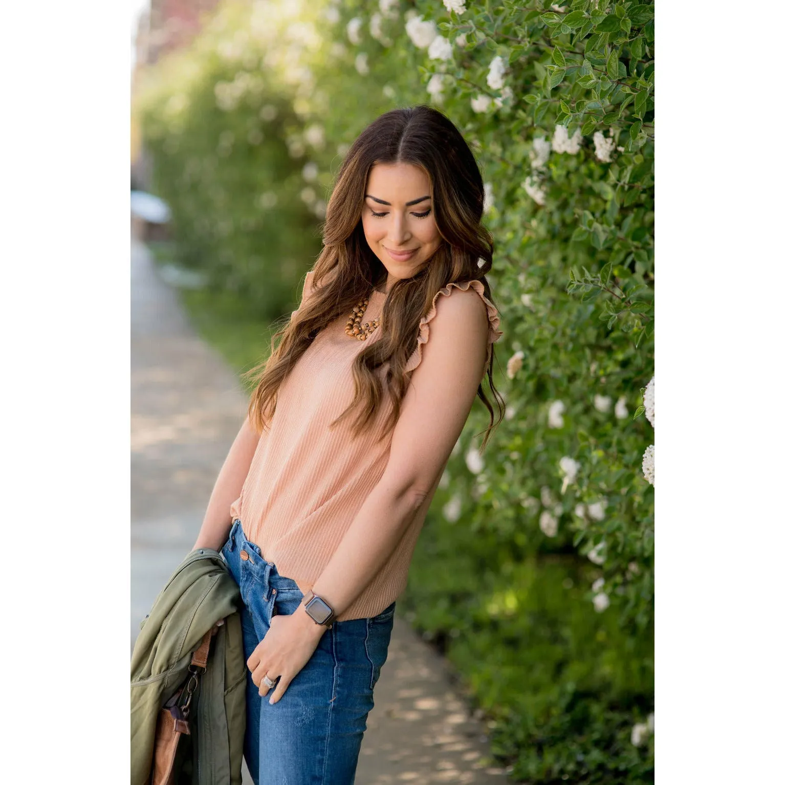 Textured Ruffle Cinched Neck Tank