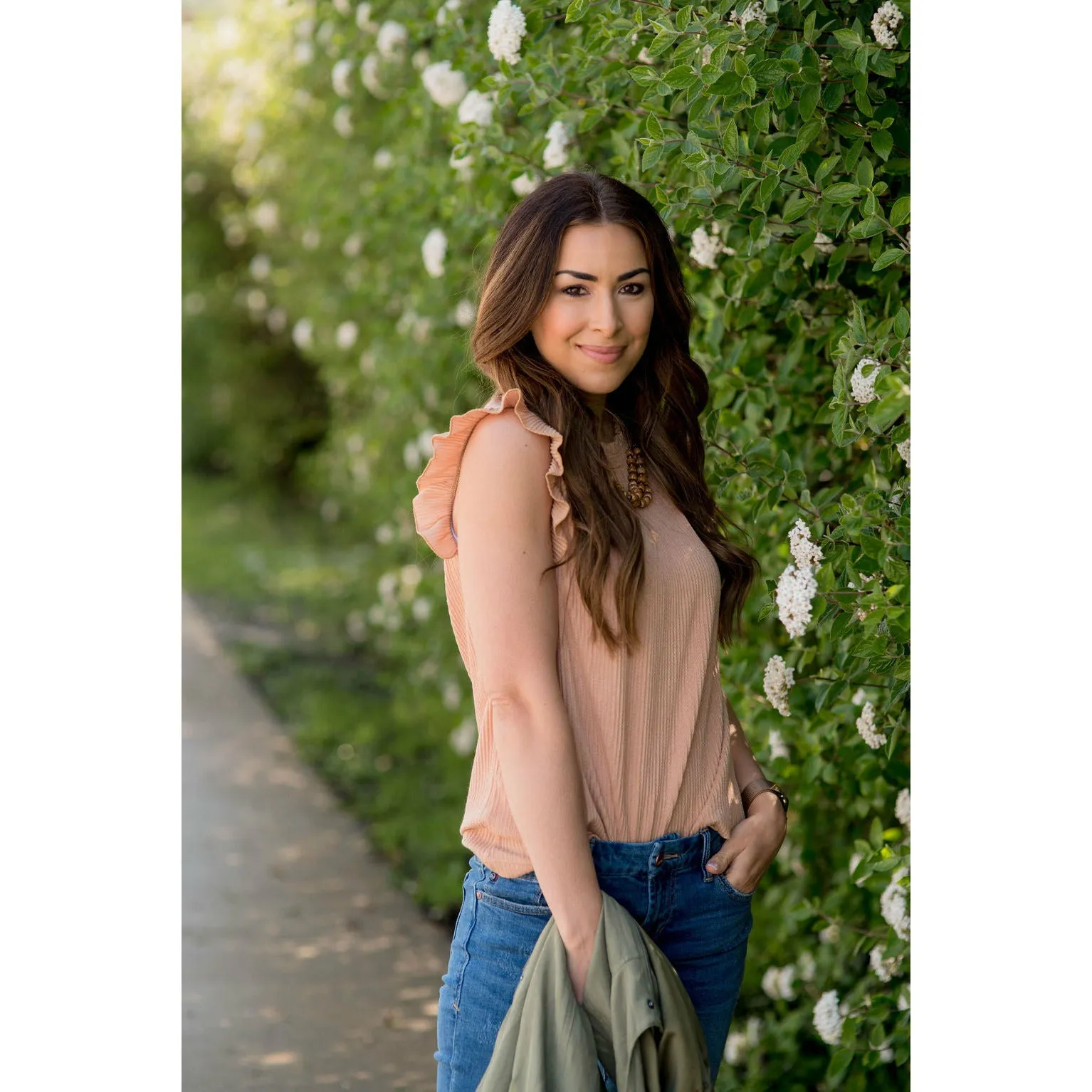 Textured Ruffle Cinched Neck Tank