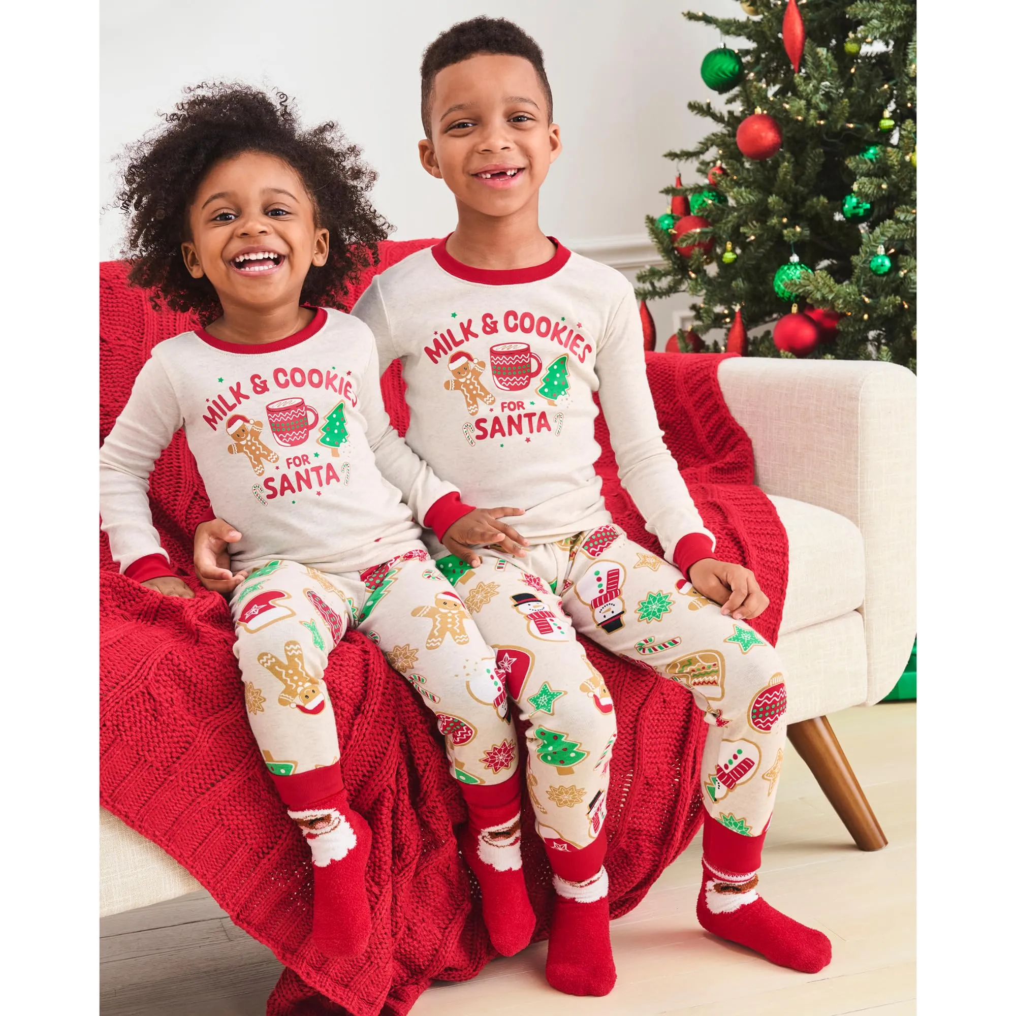 The Children's Place Baby Toddler 2 Piece and Kids, Sibling Matching, Holiday Pajama Sets, Cotton, Milk and Cookies for Santa