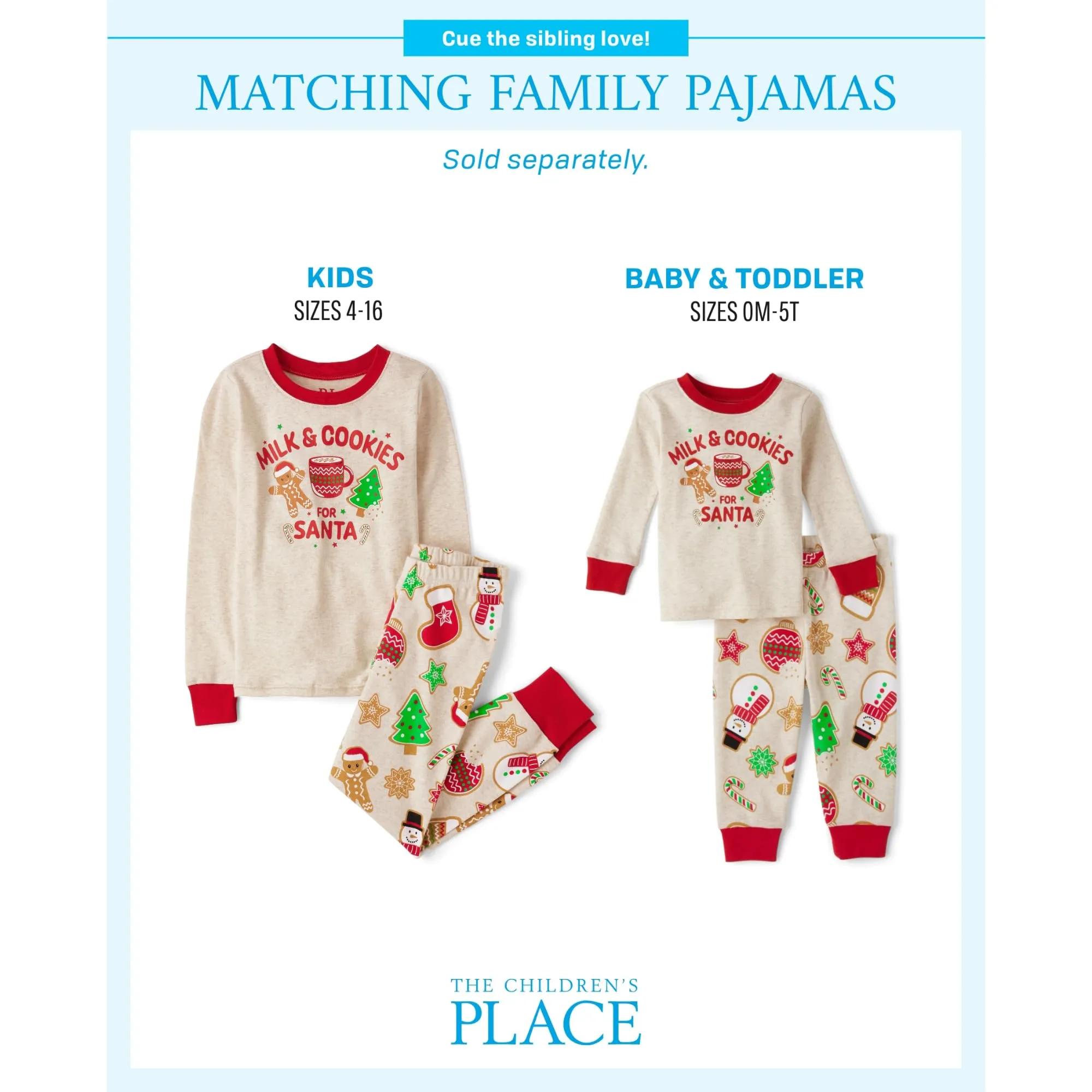 The Children's Place Baby Toddler 2 Piece and Kids, Sibling Matching, Holiday Pajama Sets, Cotton, Milk and Cookies for Santa