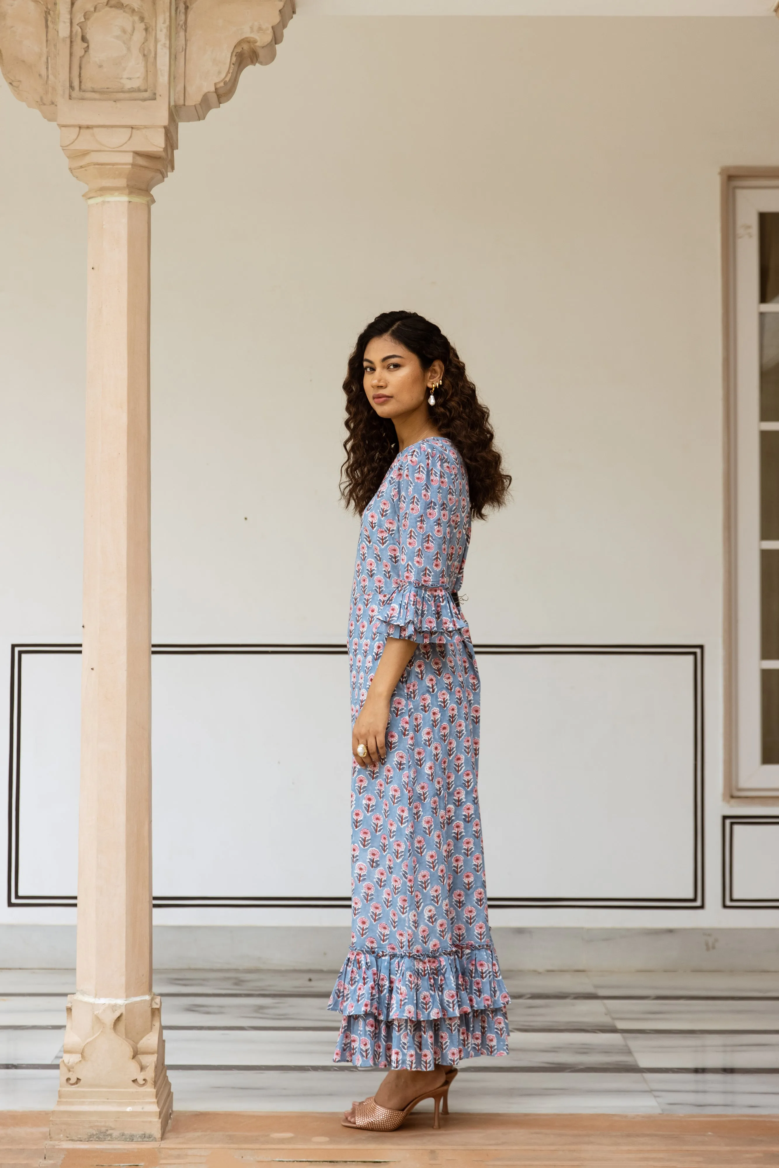 The Leela - Midi Cotton Block Print Dress -  Powder Blue