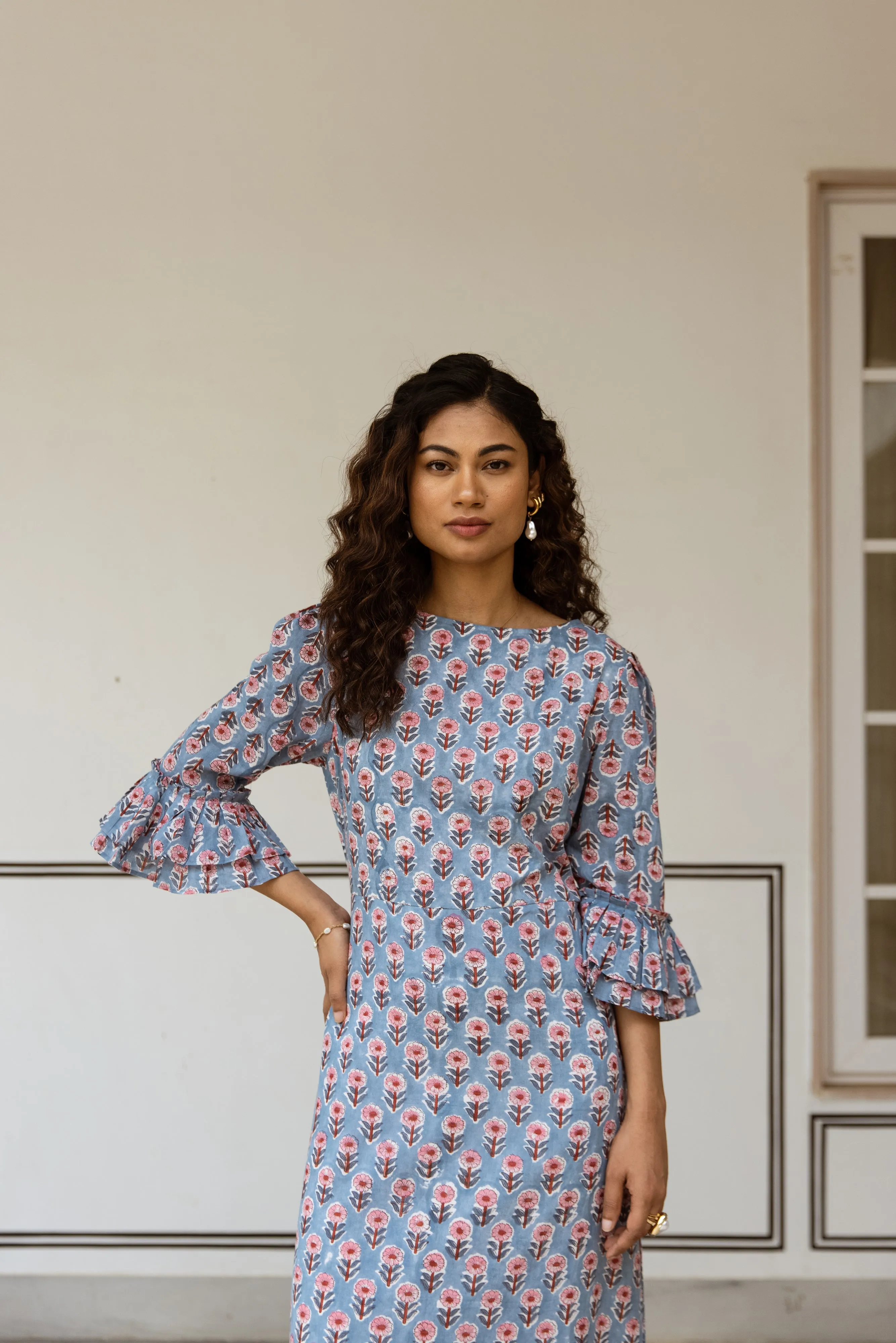 The Leela - Midi Cotton Block Print Dress -  Powder Blue