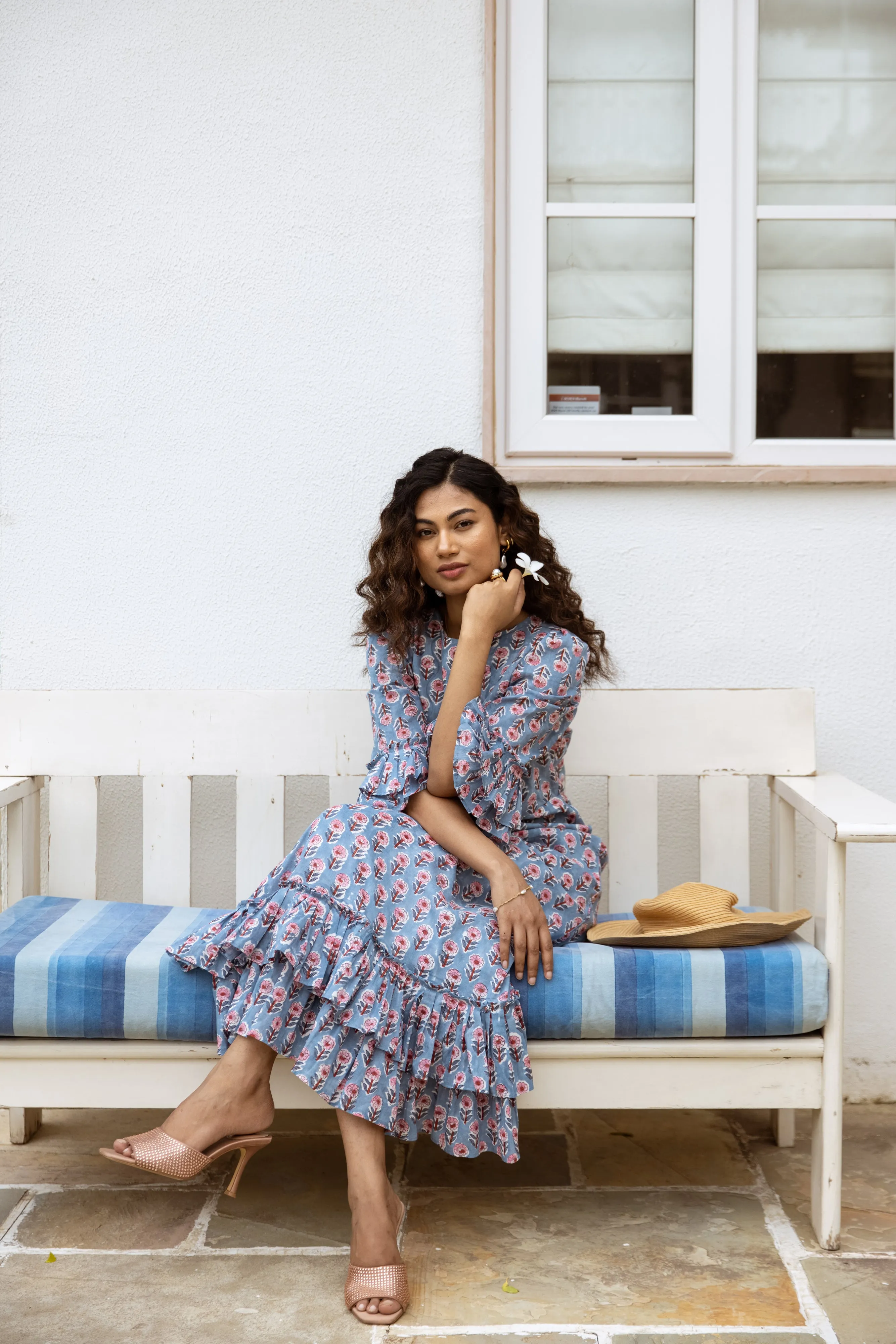 The Leela - Midi Cotton Block Print Dress -  Powder Blue