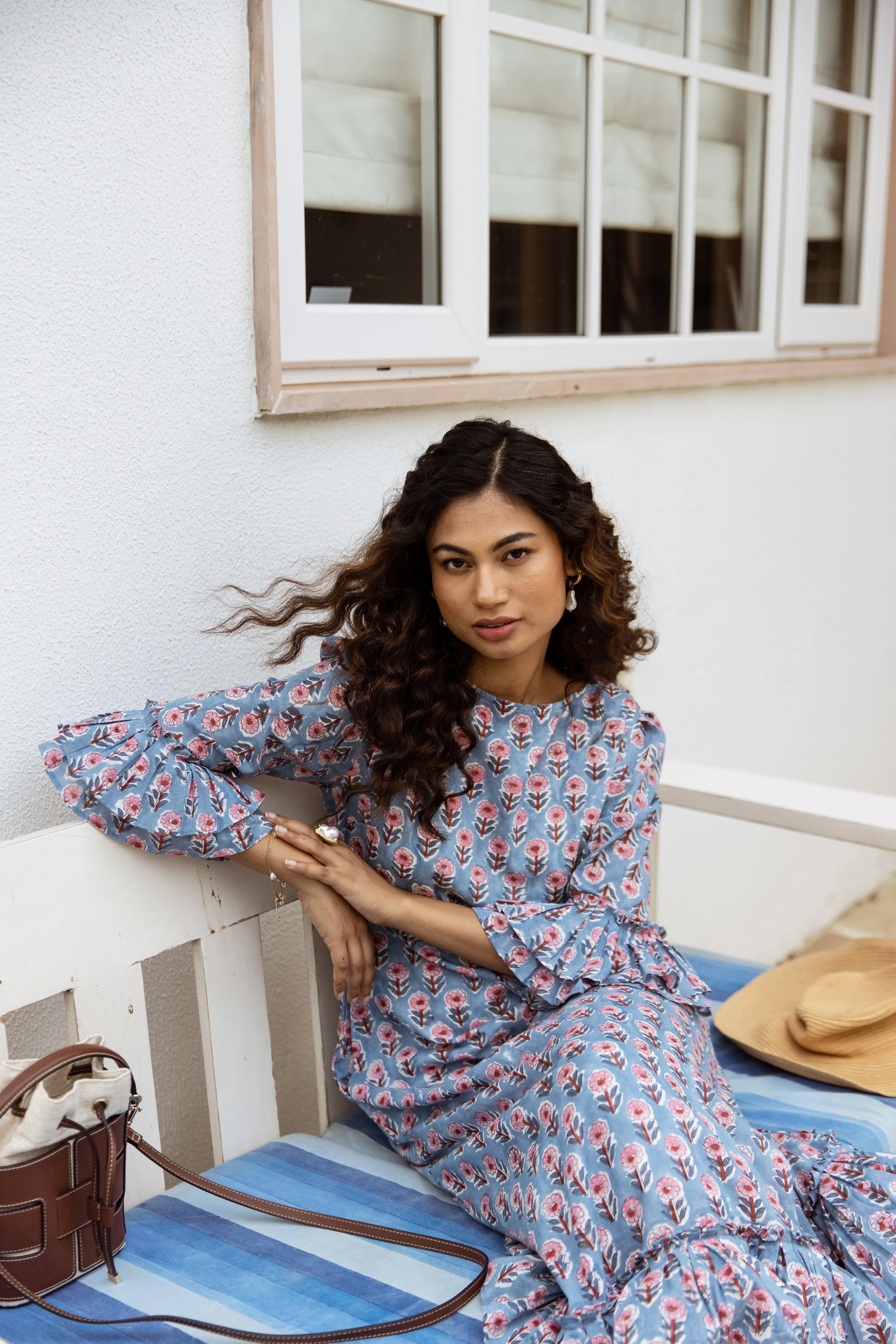 The Leela - Midi Cotton Block Print Dress -  Powder Blue