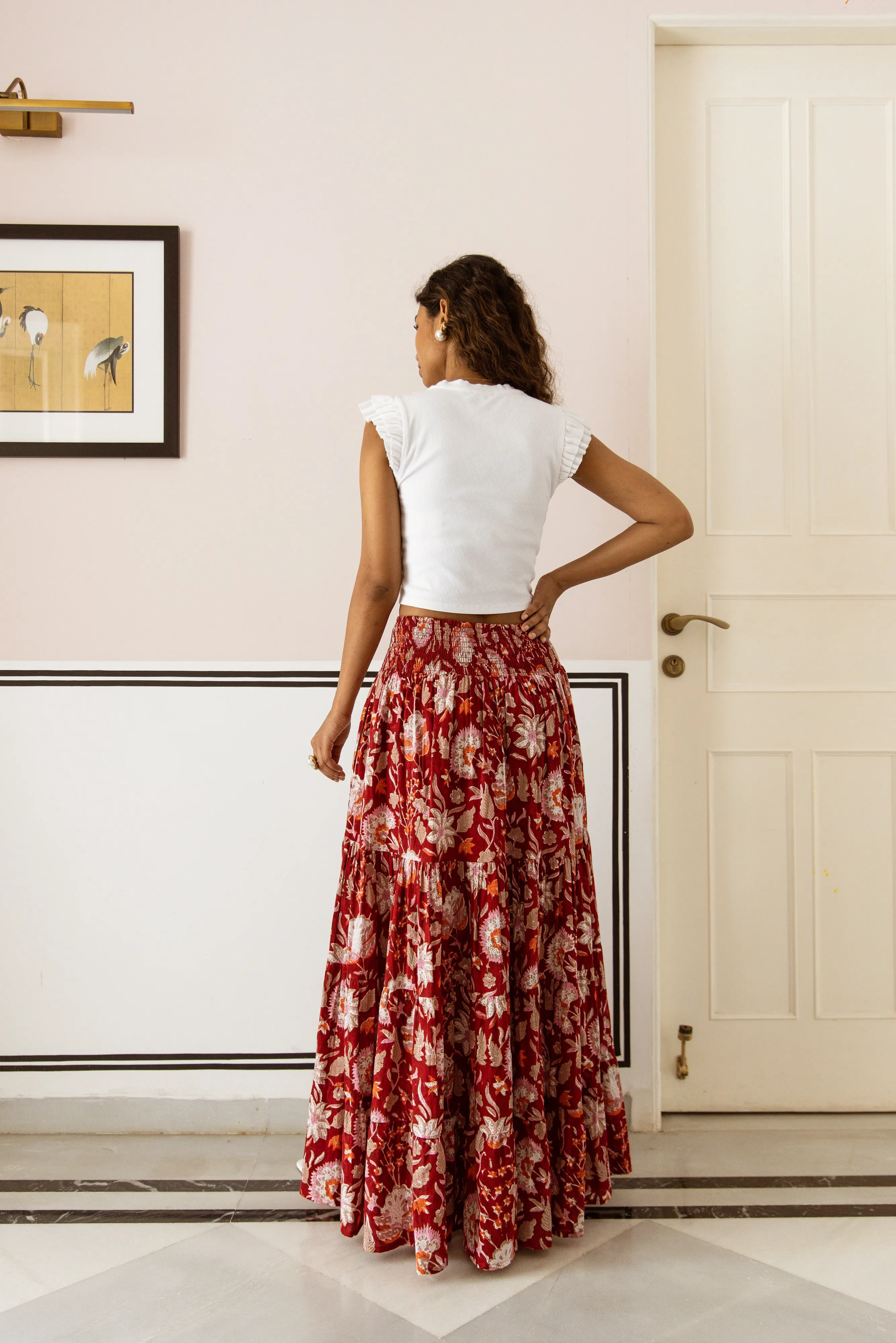 The Pia Skirt - Crimson Floral Block Print