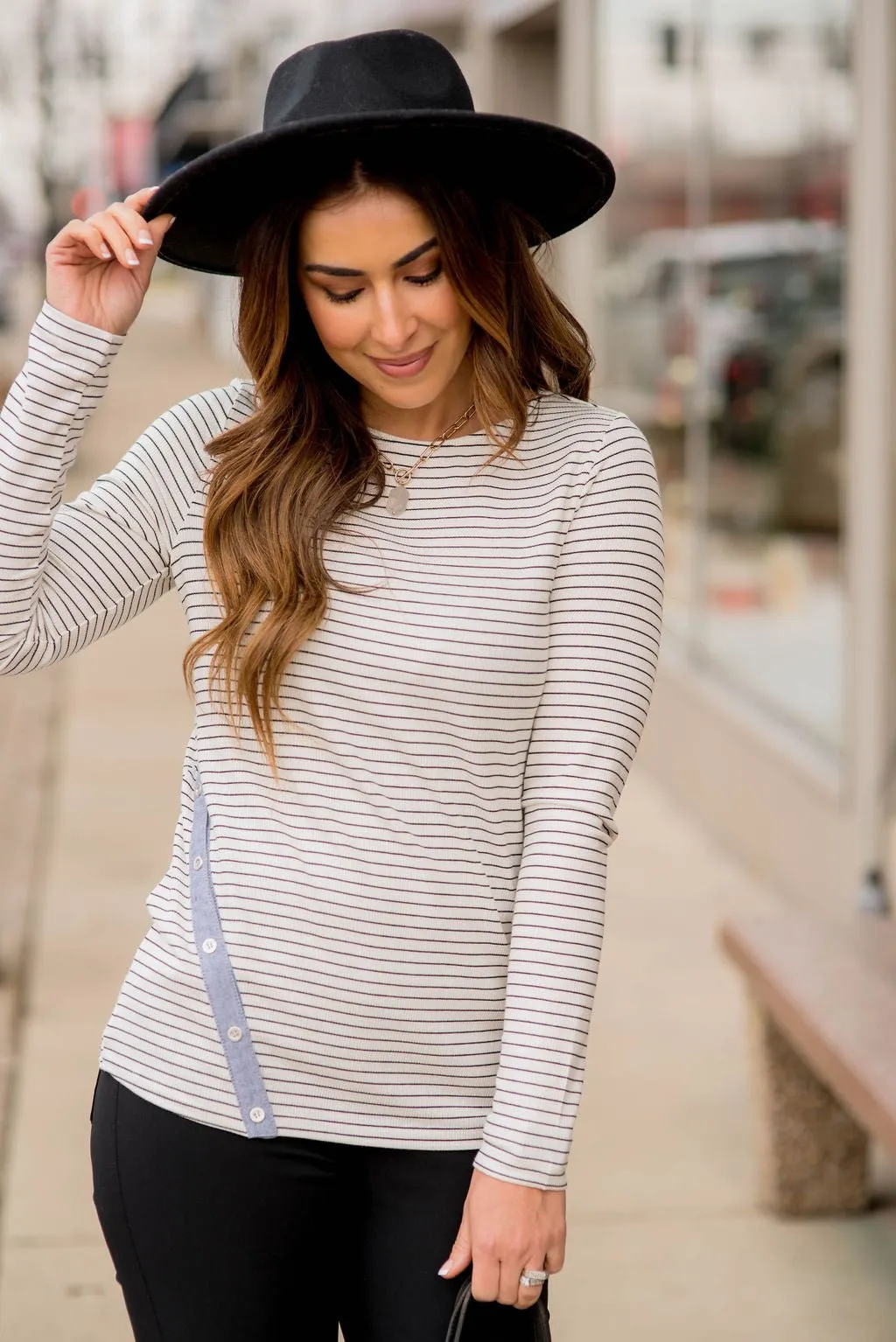 Thin Striped Button Accented Tee