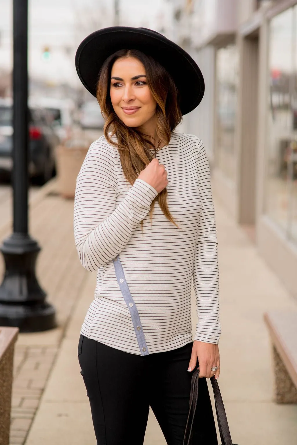 Thin Striped Button Accented Tee