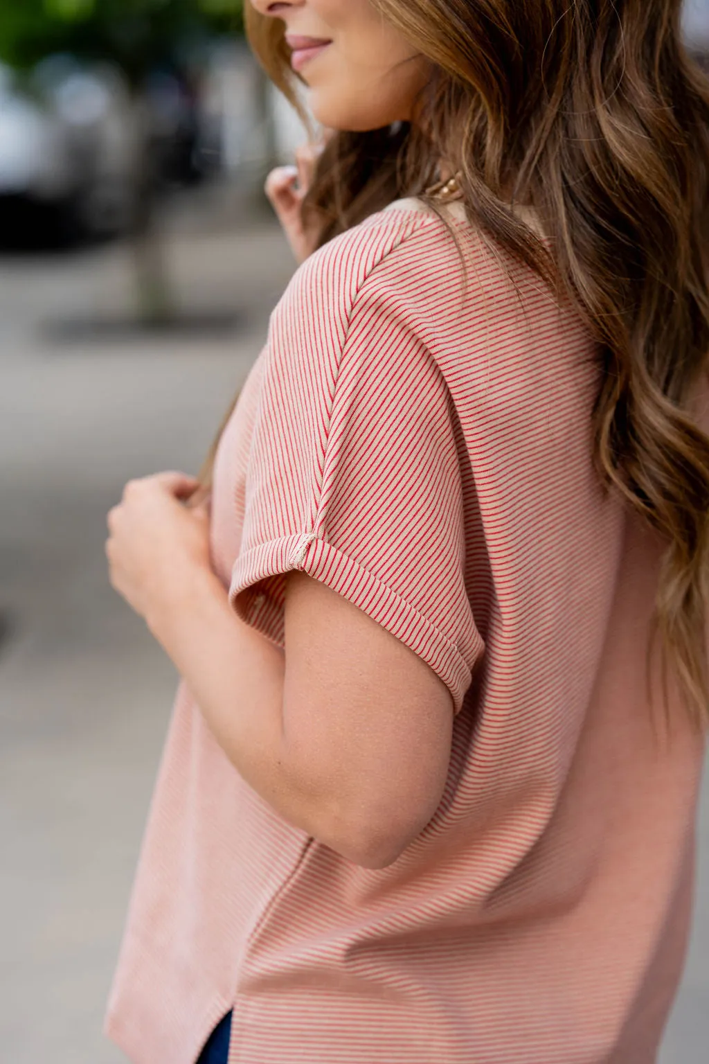 Thin Striped Cuffed Sleeve Tee