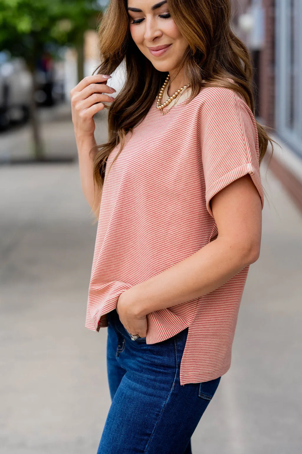 Thin Striped Cuffed Sleeve Tee