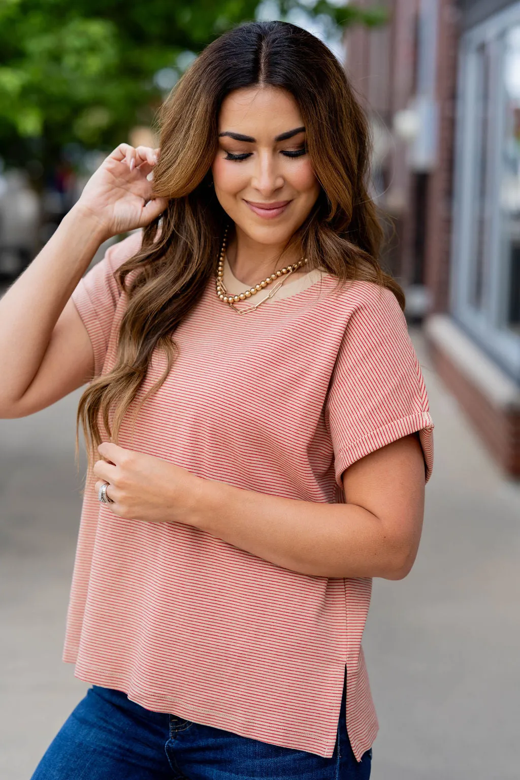 Thin Striped Cuffed Sleeve Tee