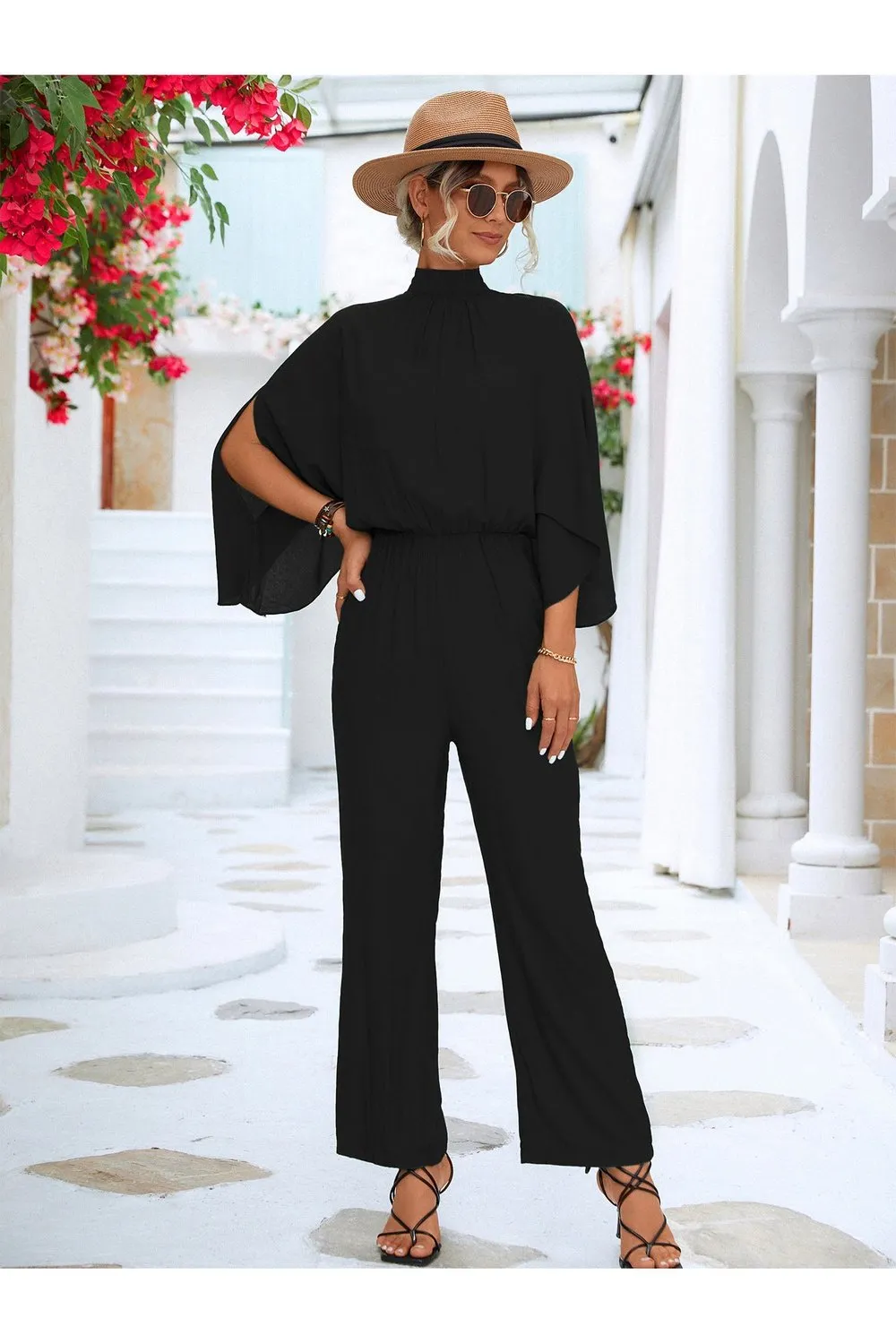 Tie Back Mock Neck Split Sleeve Jumpsuit