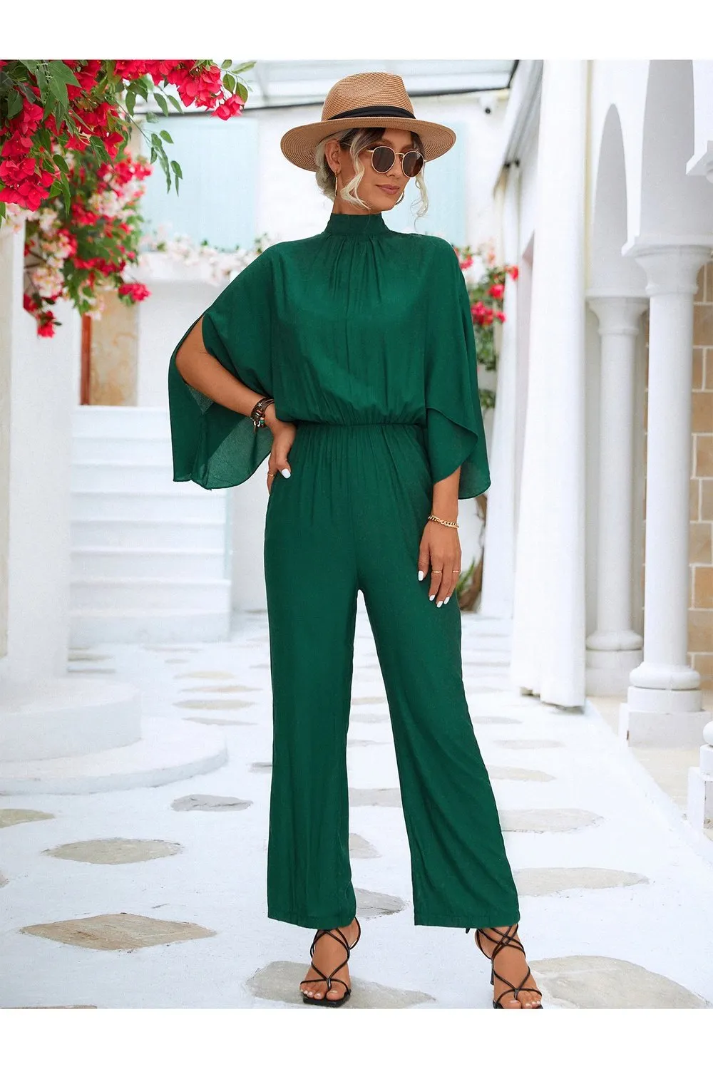 Tie Back Mock Neck Split Sleeve Jumpsuit