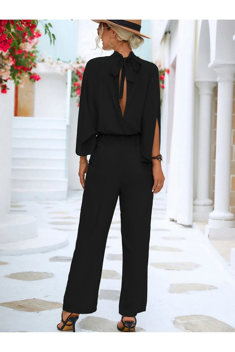 Tie Back Mock Neck Split Sleeve Jumpsuit