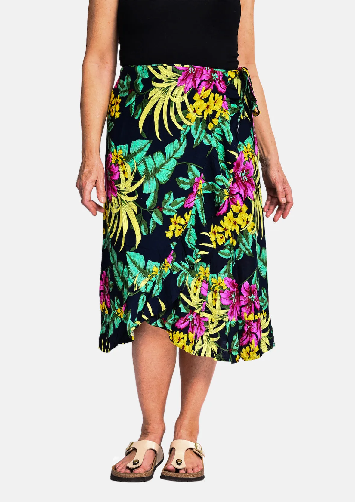 Tropical Print Ruffle Wrap Skirt