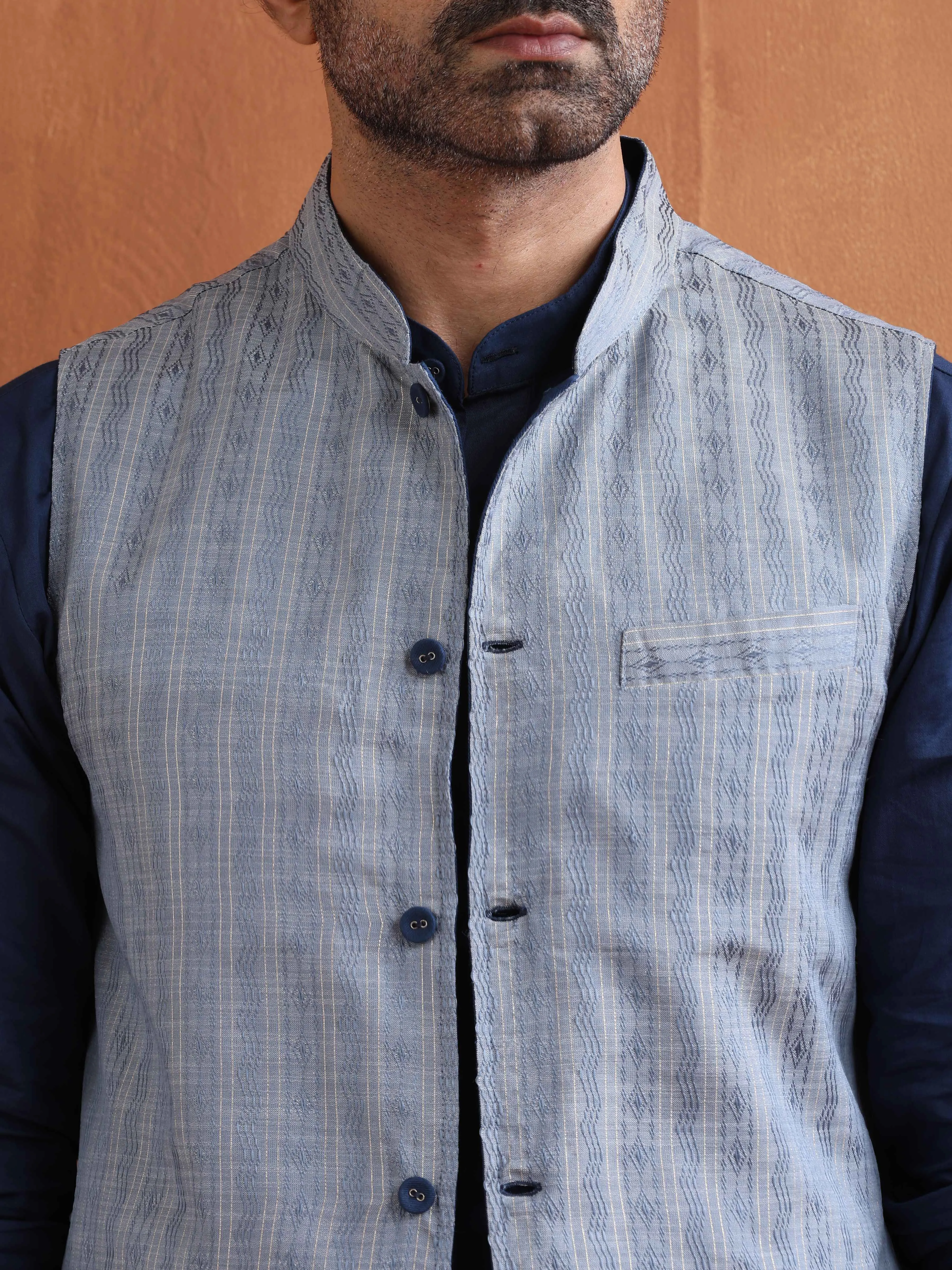 trueBrowns Men's Blue Chanderi Reversible Nehru Jacket