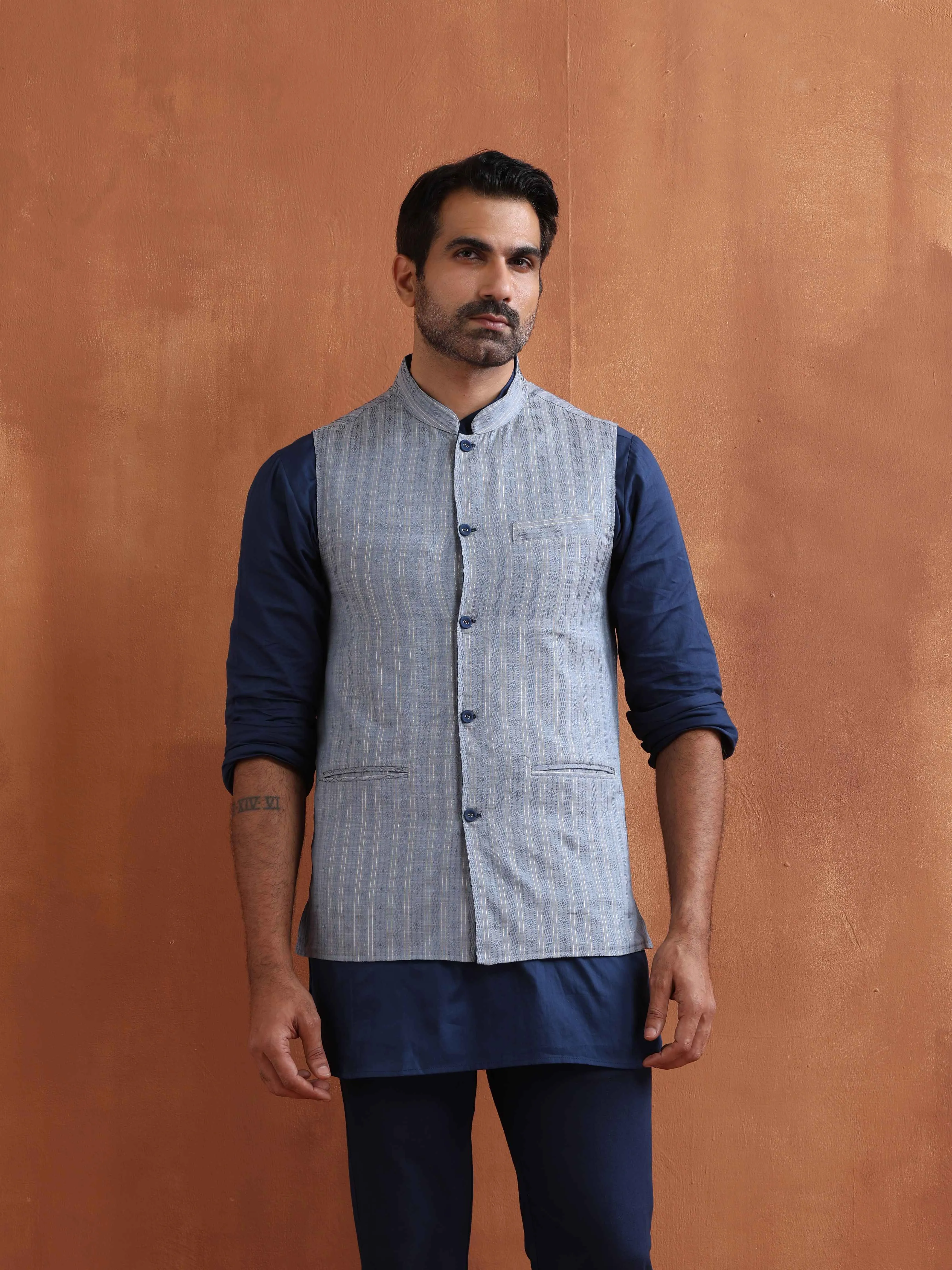 trueBrowns Men's Blue Chanderi Reversible Nehru Jacket