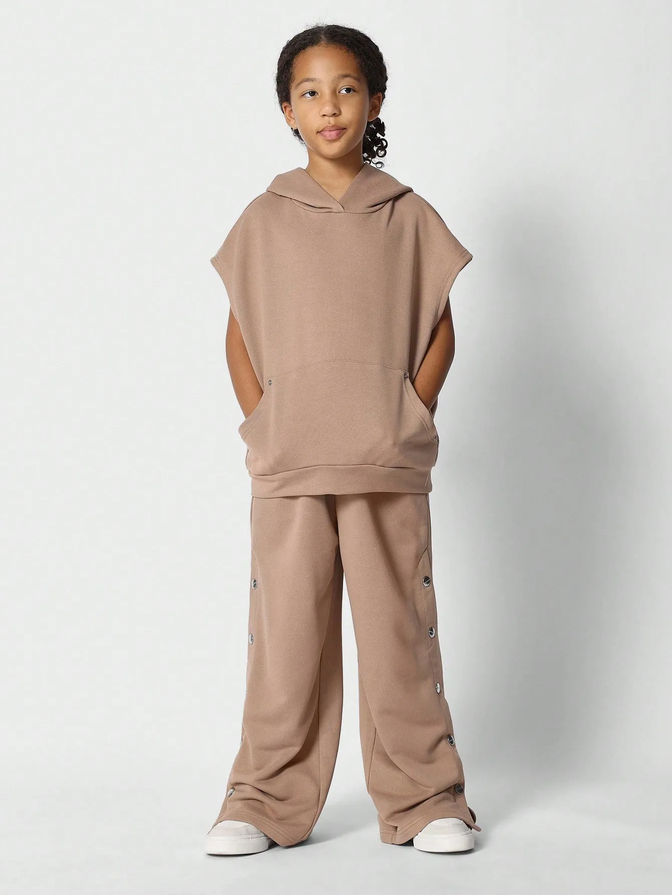 Tween Girls Boxy Overhead Tank With Hood And Flared Joggers 2 Piece Set