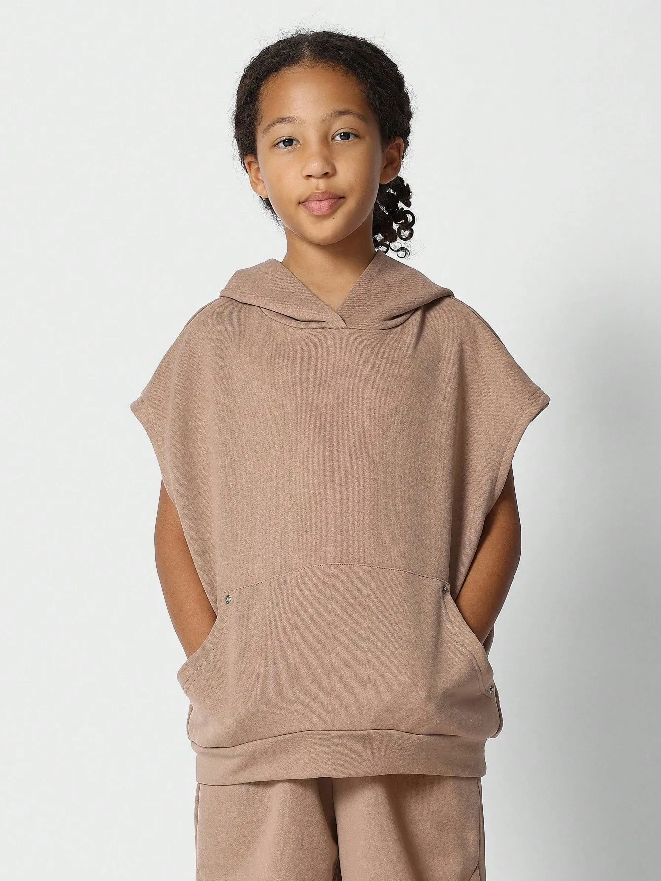 Tween Girls Boxy Overhead Tank With Hood And Flared Joggers 2 Piece Set