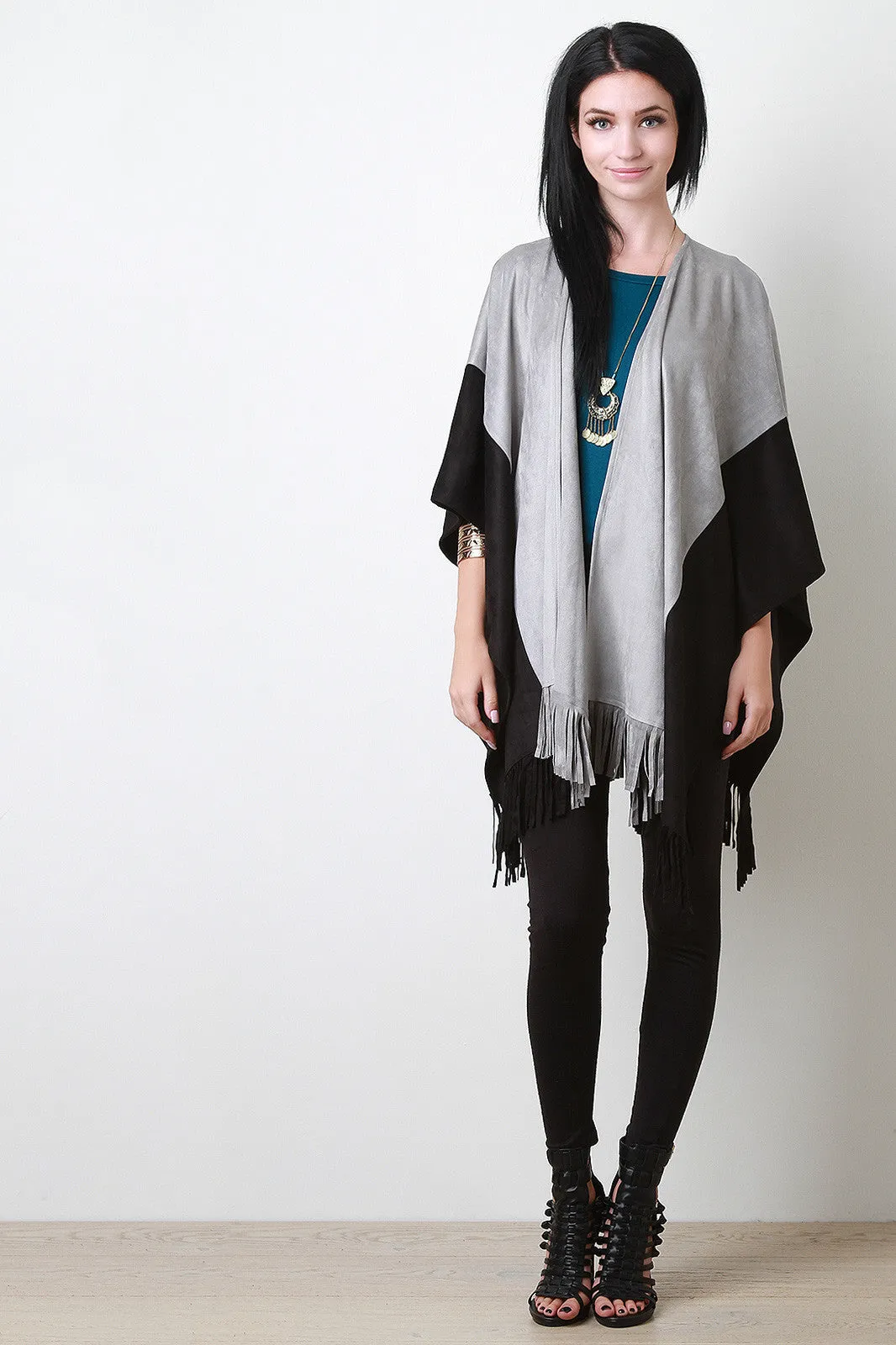 Two-Tone Faux Suede Fringe Cape