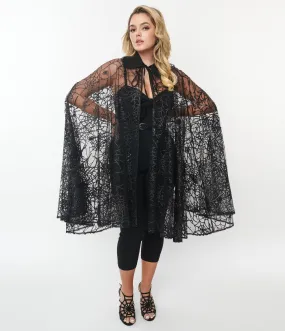 Unique Vintage Black Glitter Spiderweb Mesh Cape