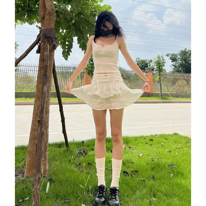 Vevesc Fairycore Ruffle Women Mini Skirt White Lace Sweet Kawaii Short Skirts Coquette Layered Pleated Korean Fashion Skirt