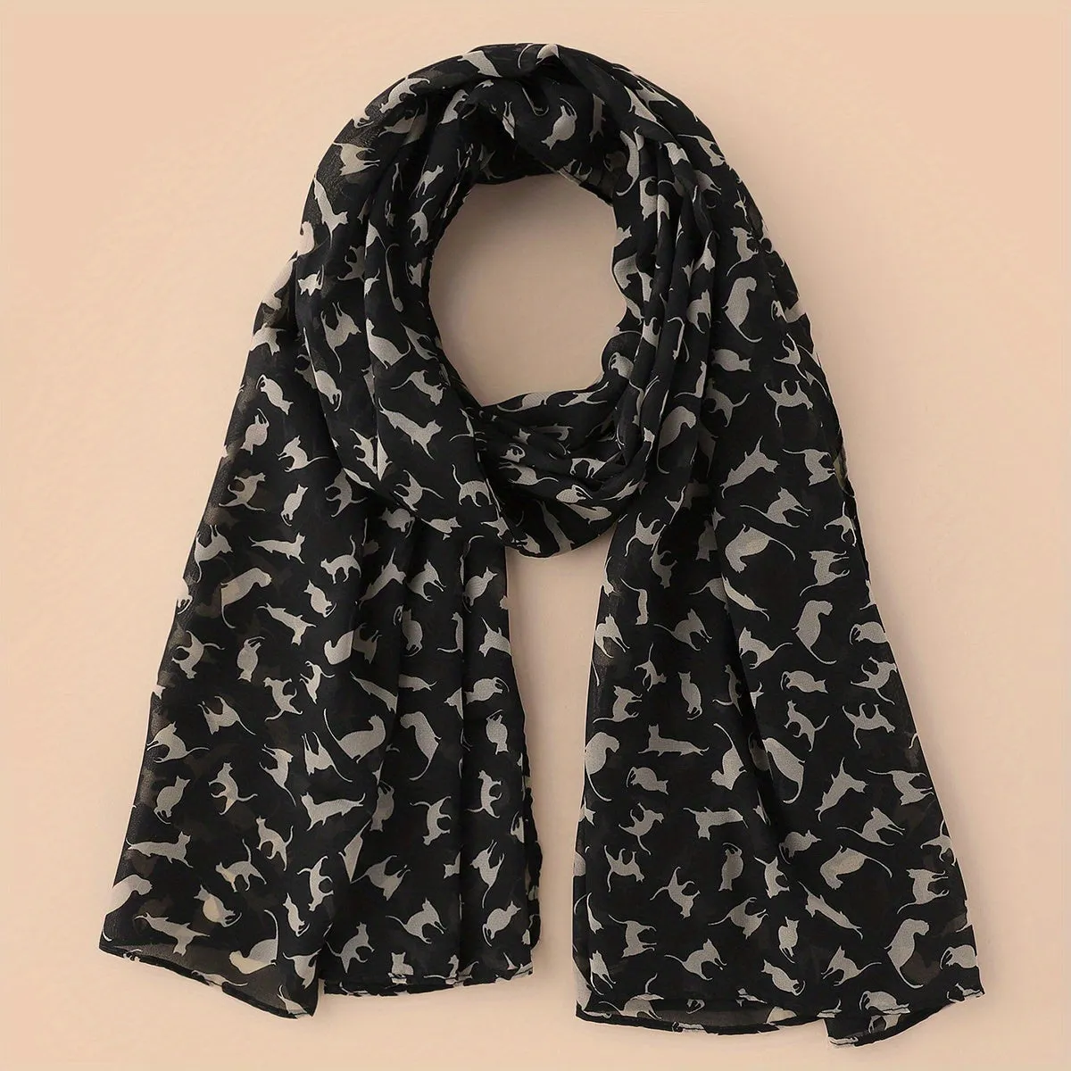 Vintage Cartoon Cat Print Chiffon Scarf Stylish Multifunctional Accessory