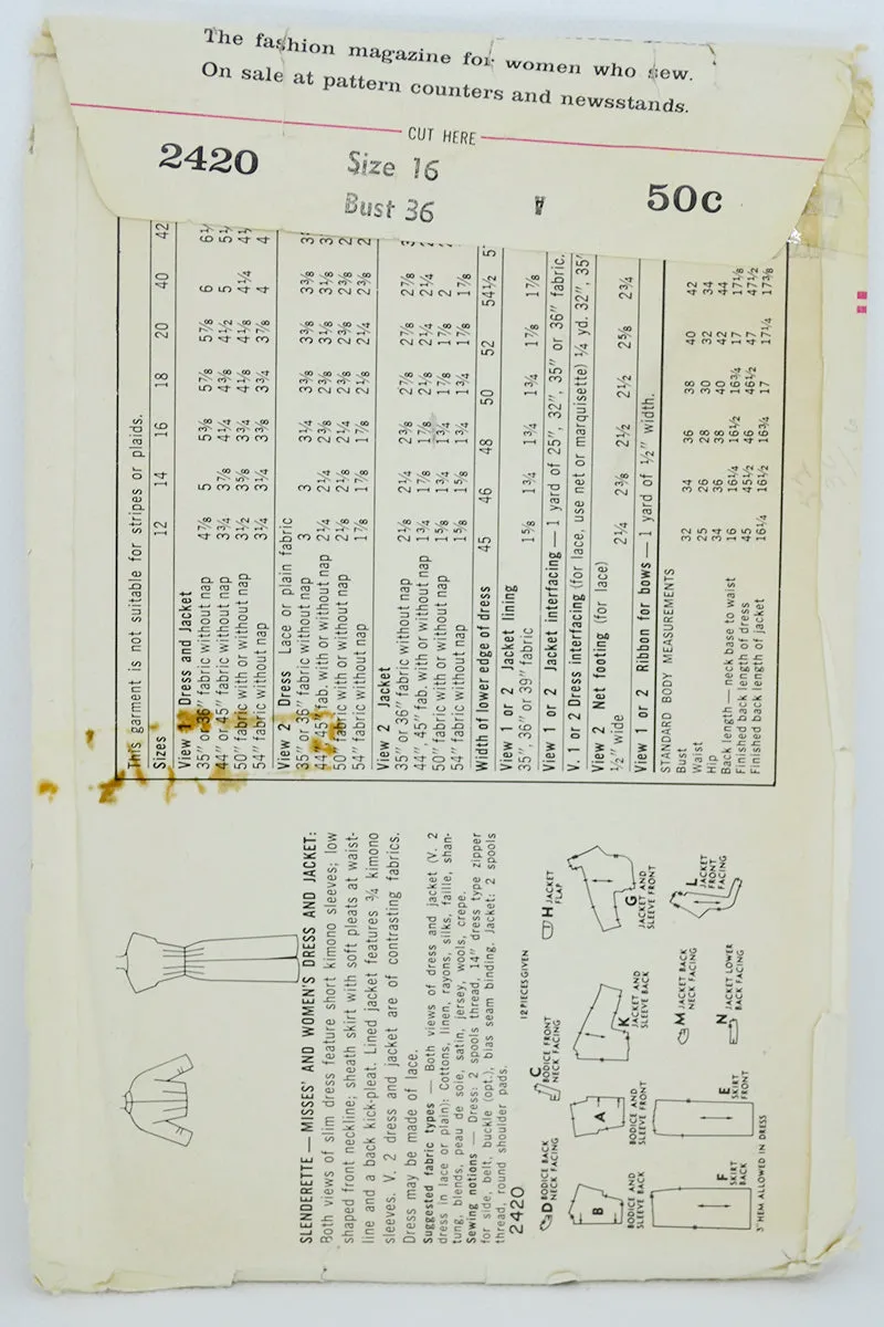 Vintage Simplicity 2420 Vintage 1958 Dress & Jacket Sewing Pattern