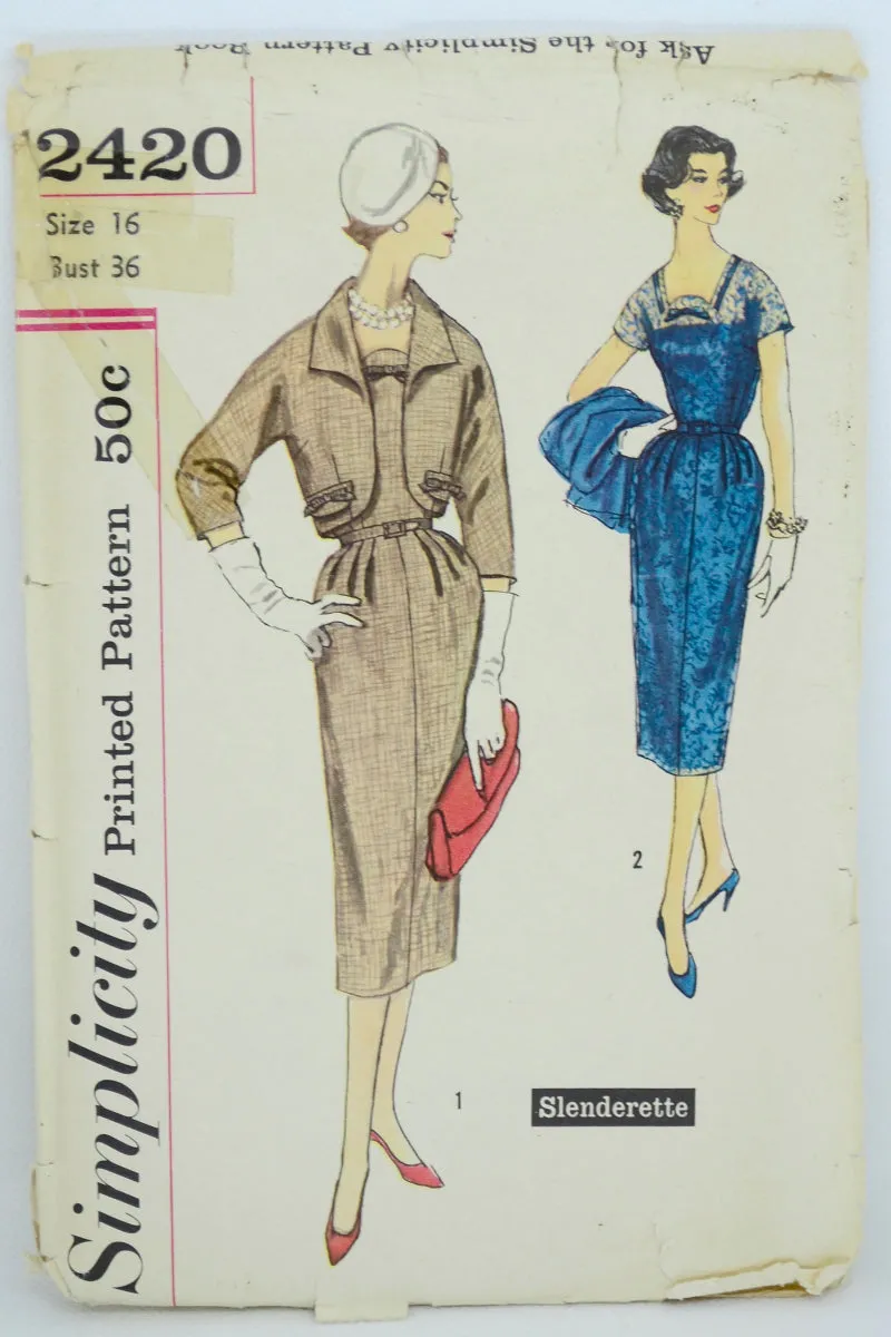 Vintage Simplicity 2420 Vintage 1958 Dress & Jacket Sewing Pattern