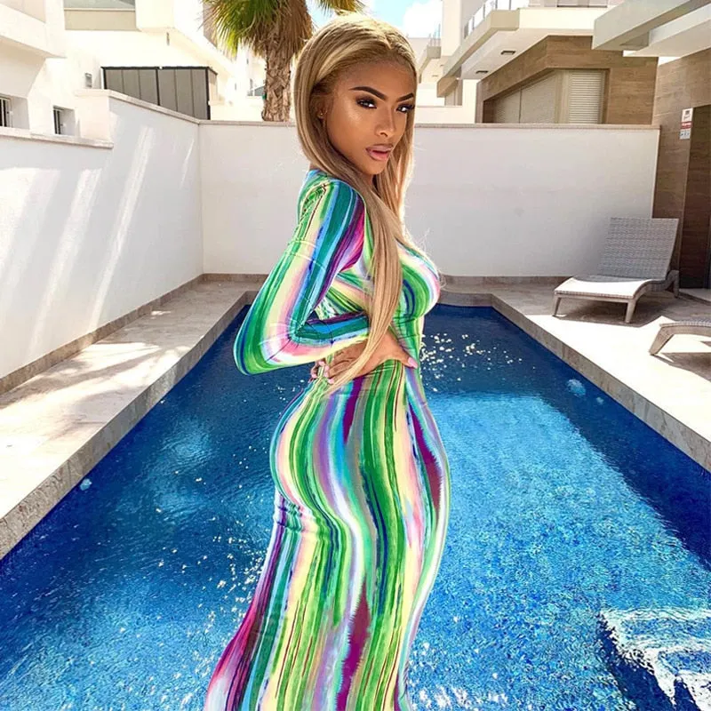 Wenkouban Graduation Gifts Stripe Tie Dye Print Maxi Dress Fall Casual Long Dress Women Nightclub Long Sleeve Bodycon Dresses C70CC31