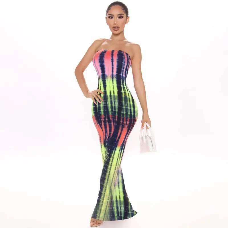 Wenkouban Graduation Gifts Stripe Tie Dye Print Maxi Dress Fall Casual Long Dress Women Nightclub Long Sleeve Bodycon Dresses C70CC31