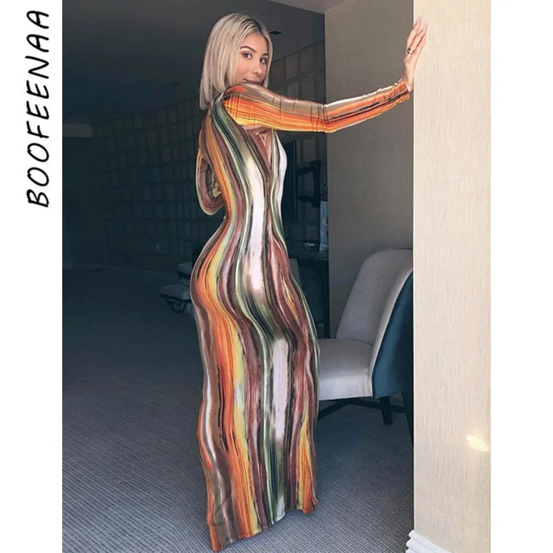 Wenkouban Graduation Gifts Stripe Tie Dye Print Maxi Dress Fall Casual Long Dress Women Nightclub Long Sleeve Bodycon Dresses C70CC31