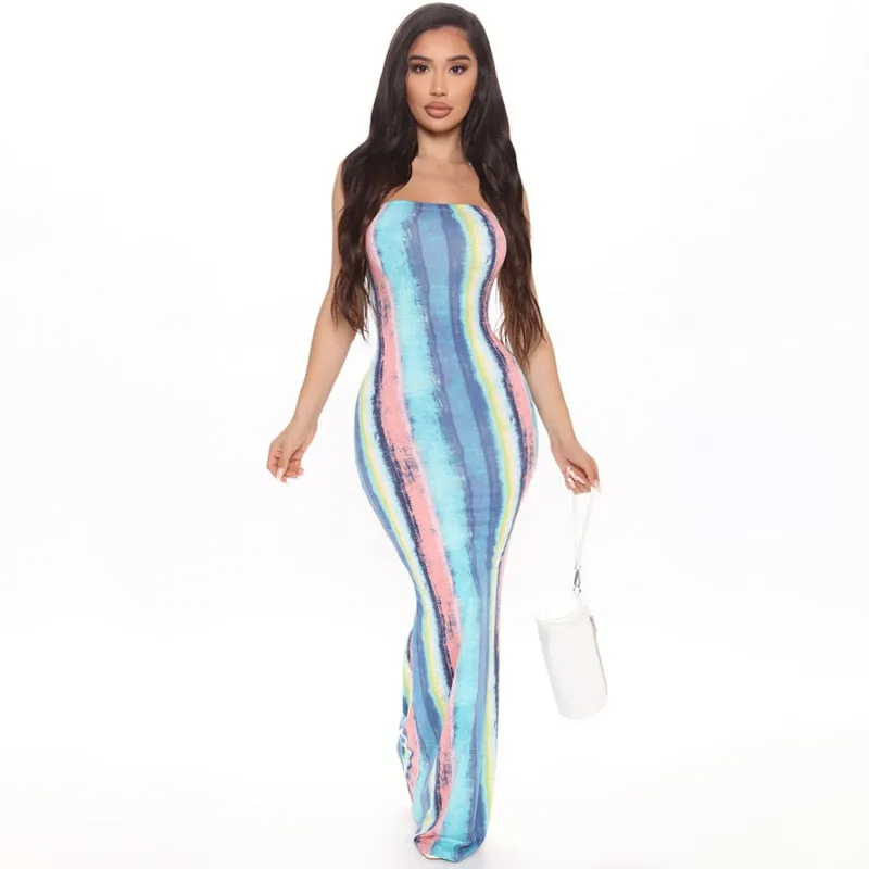 Wenkouban Graduation Gifts Stripe Tie Dye Print Maxi Dress Fall Casual Long Dress Women Nightclub Long Sleeve Bodycon Dresses C70CC31