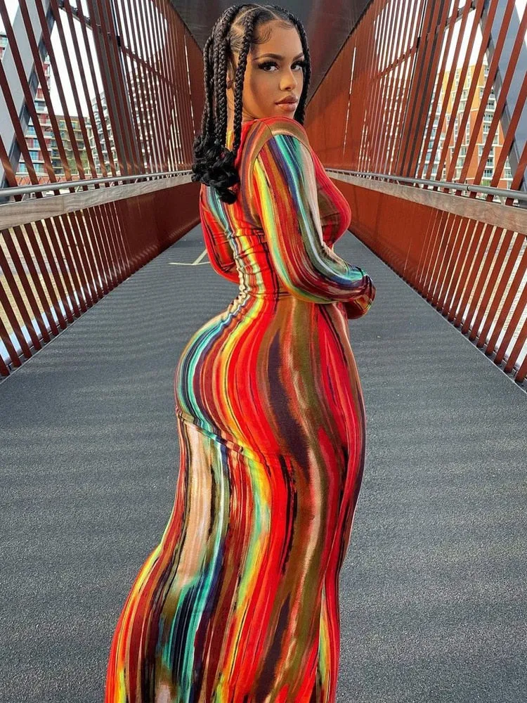 Wenkouban Graduation Gifts Stripe Tie Dye Print Maxi Dress Fall Casual Long Dress Women Nightclub Long Sleeve Bodycon Dresses C70CC31