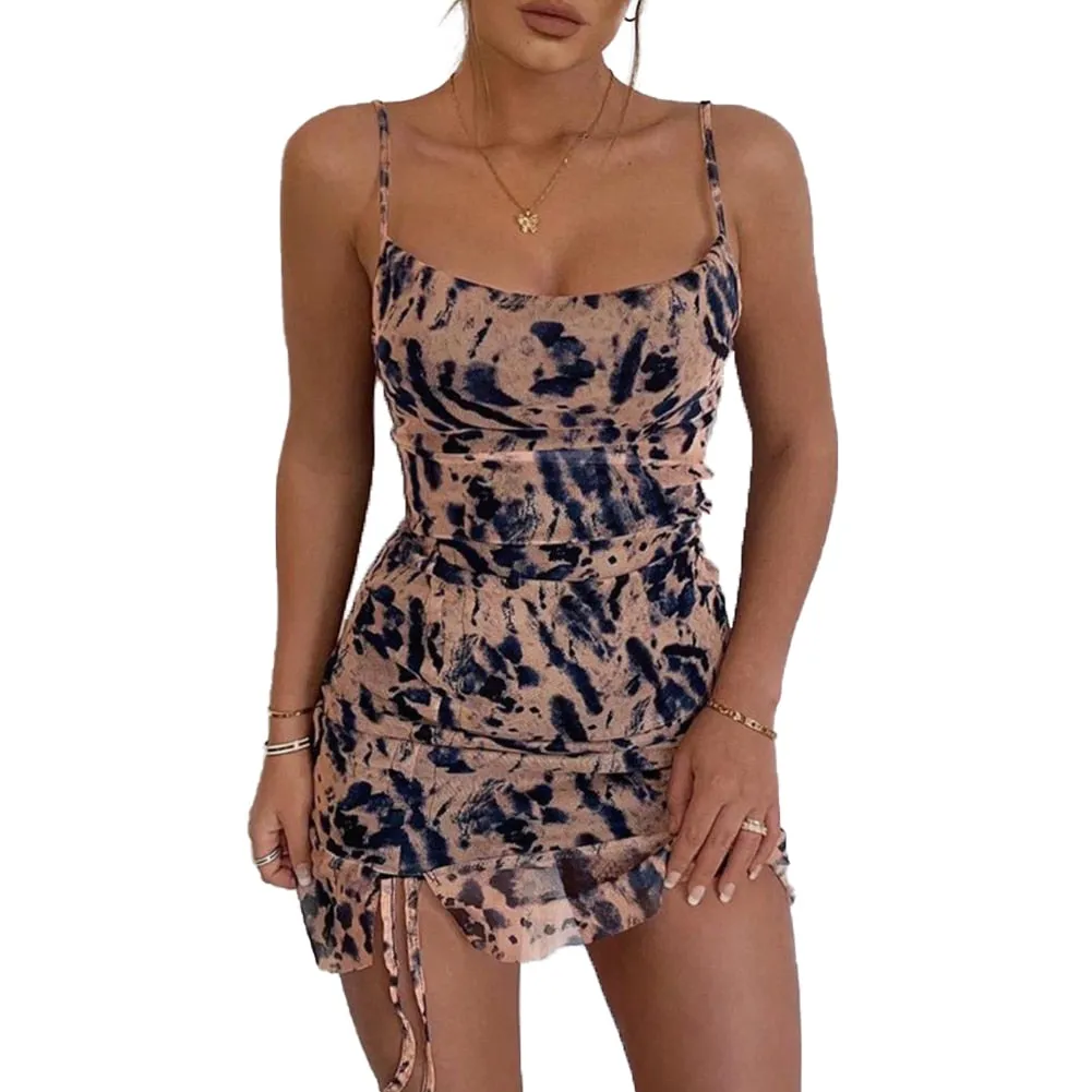 Wenkouban New Sexy Ink Floral Print Women Bodycon Dress Sleeveless Strap Skinny Mini Sundress with Slit Hem Fashion Lady Dress