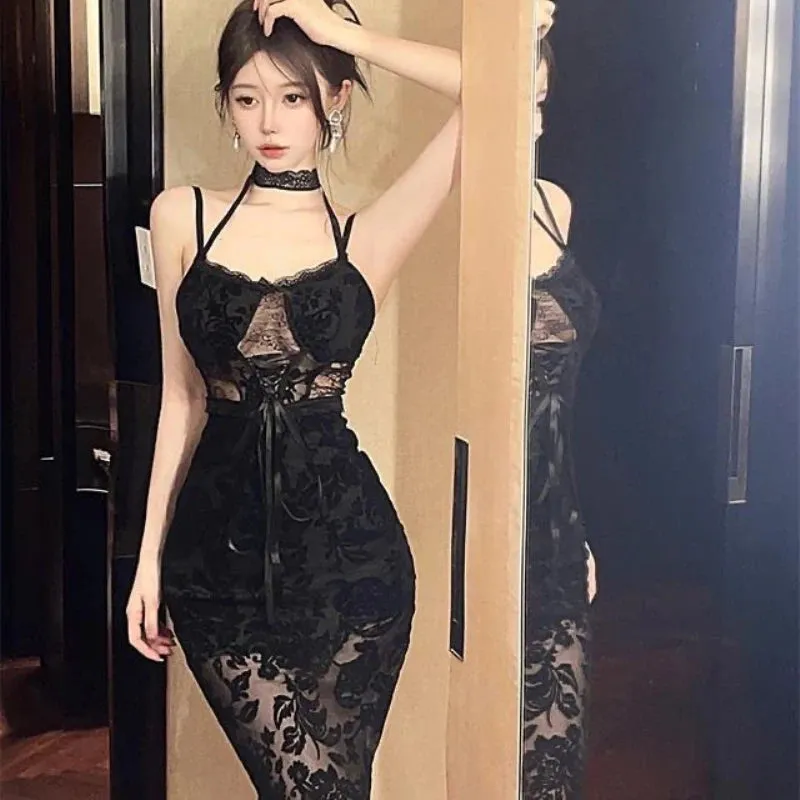 Wenkouban Womens gauze Patchwork Hollow Hanging Neck Black Evening Dress Summer Club Party Bodycon Sexy Dress female Vestidos