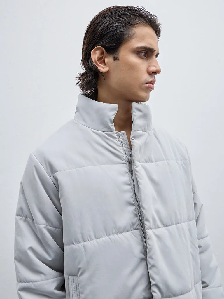 WES Casuals Light Grey Relaxed-Fit Puffer Jacket