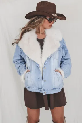 Western Glam Denim Faux Fur Coat