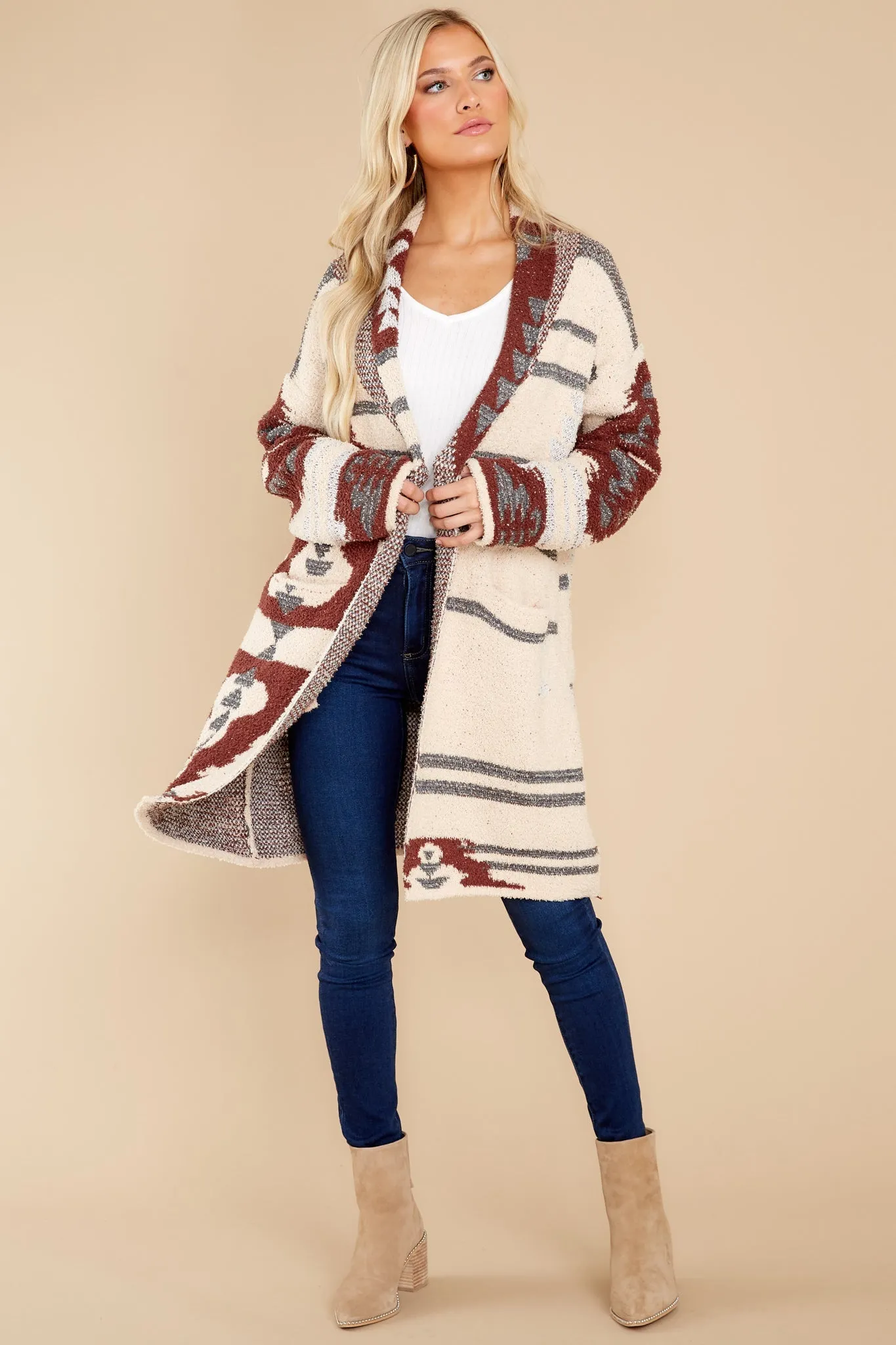 Westward Nights Cream And Rust Print Cardigan