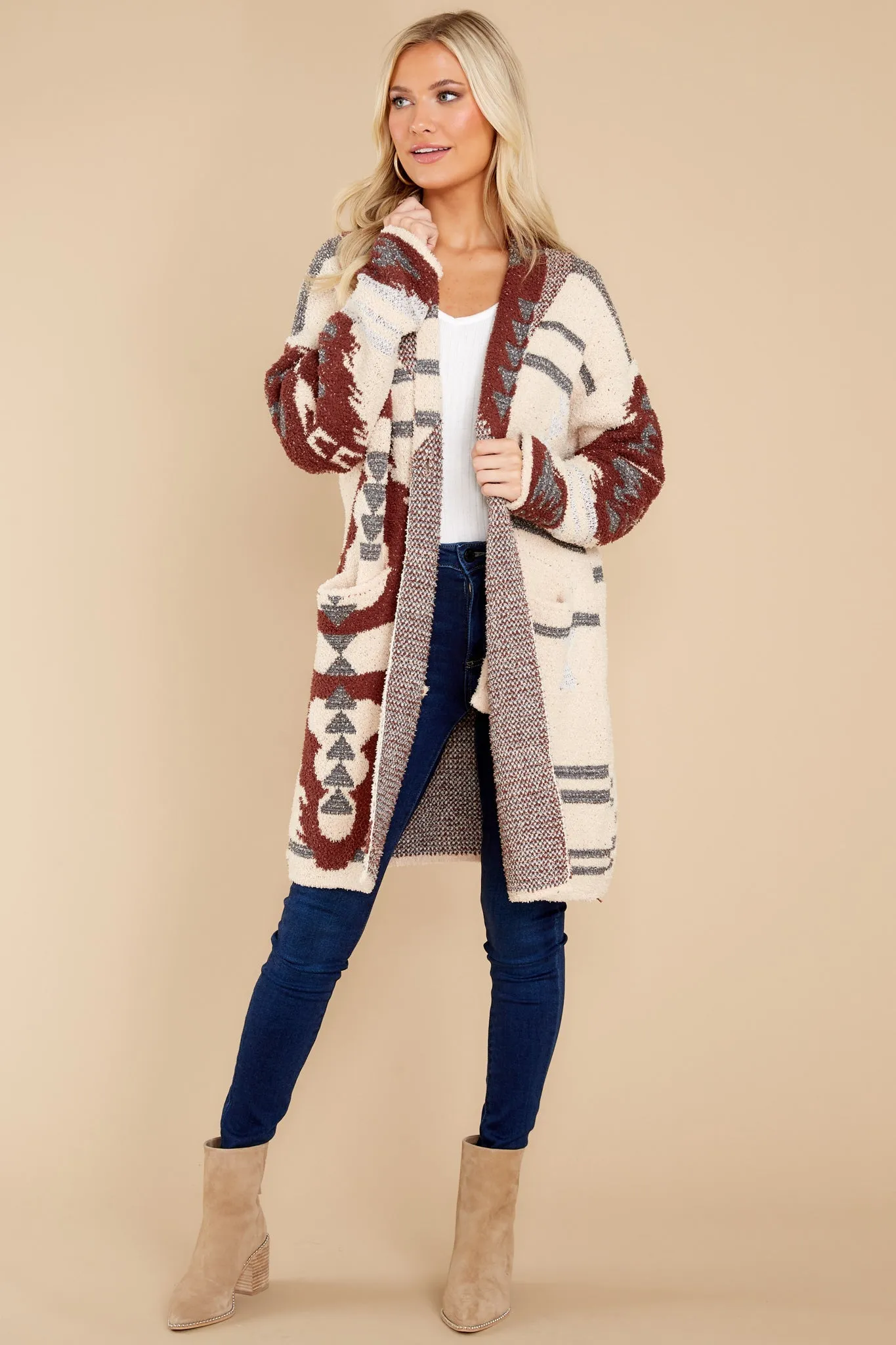 Westward Nights Cream And Rust Print Cardigan