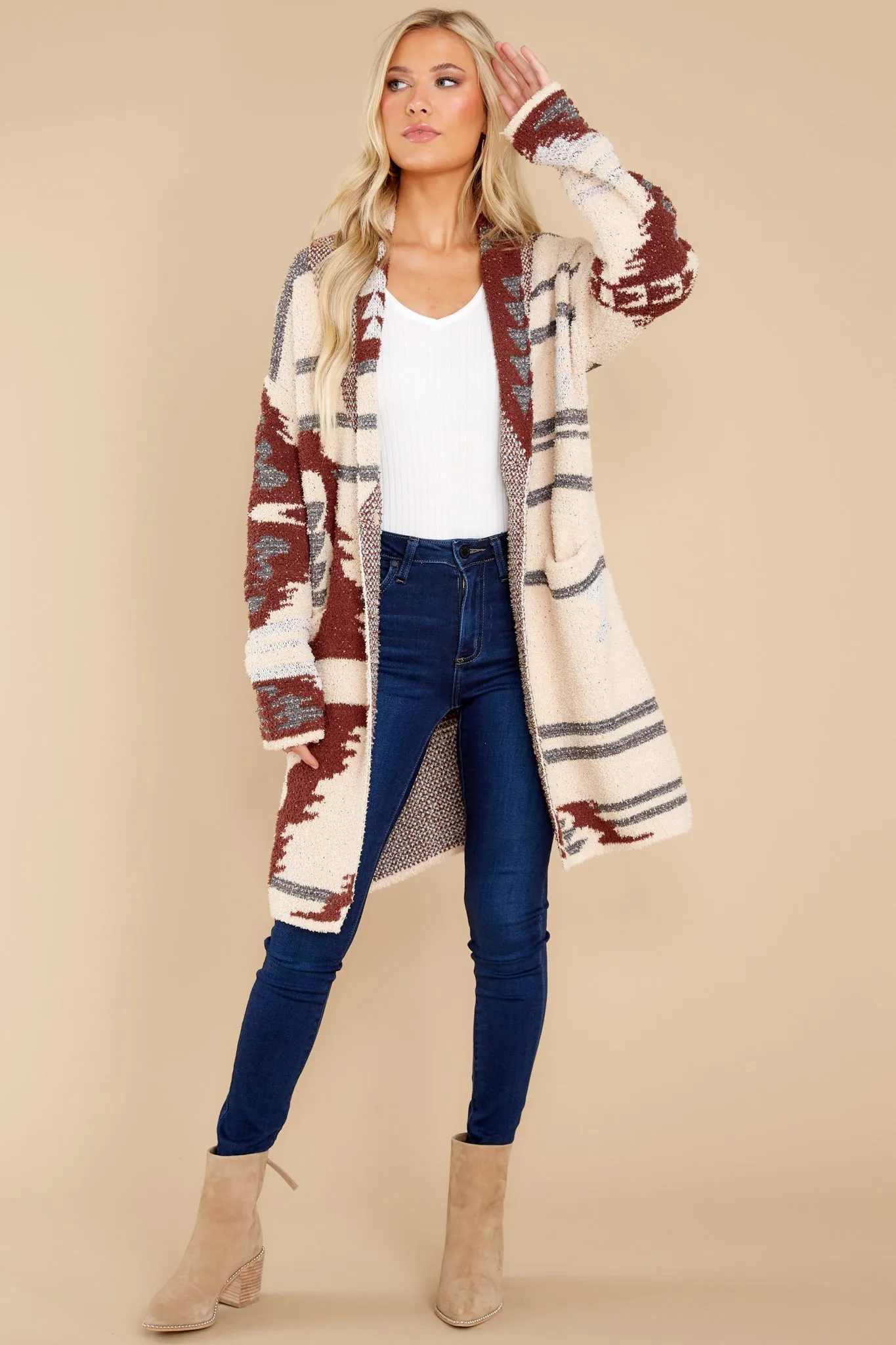 Westward Nights Cream And Rust Print Cardigan