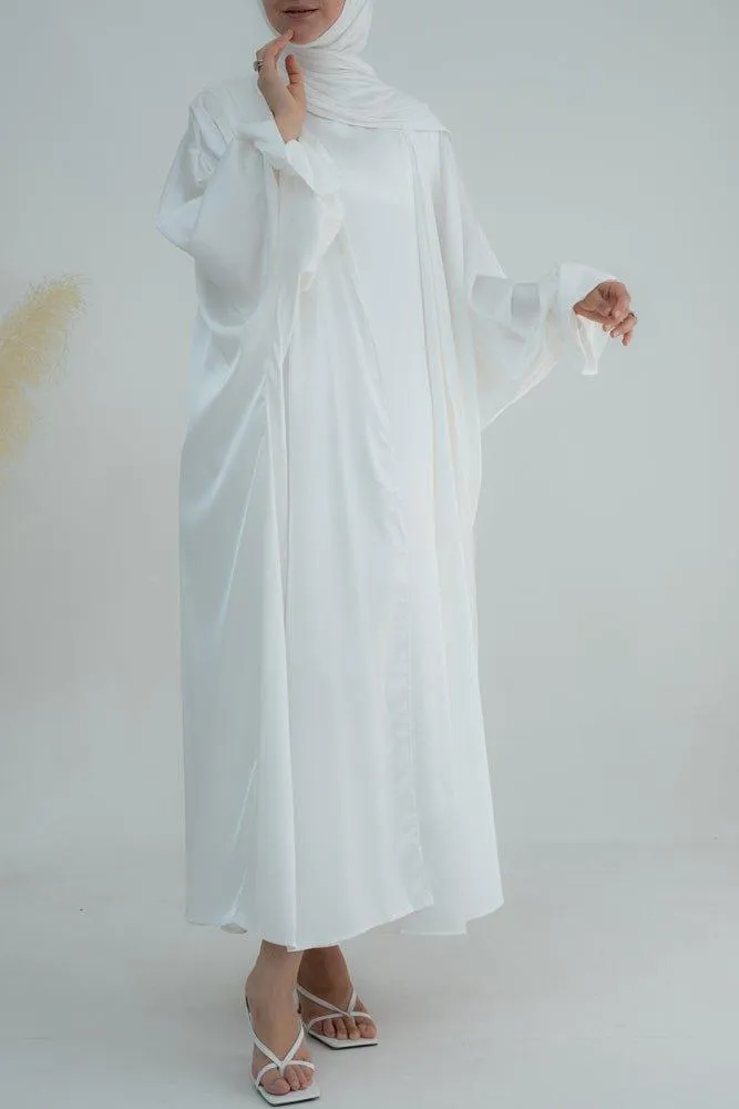 White Loves open front maxi satin abaya throw over