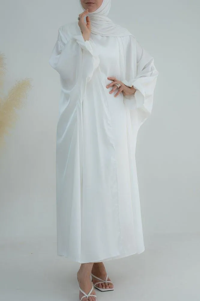 White Loves open front maxi satin abaya throw over