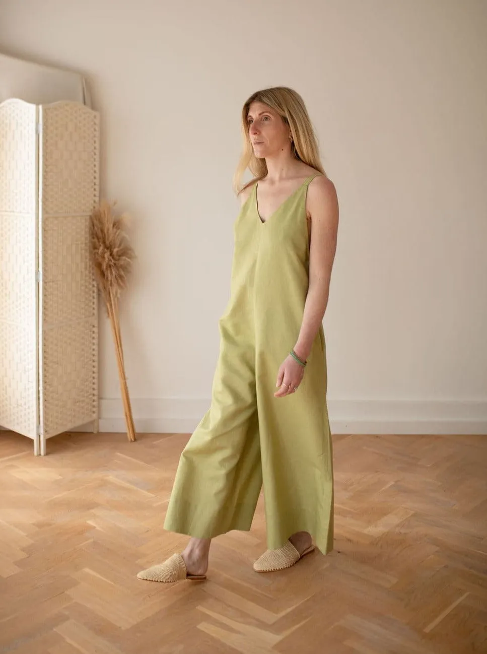 Wild Clouds X Gather & See Pear Green Linen Culotte Jumpsuit