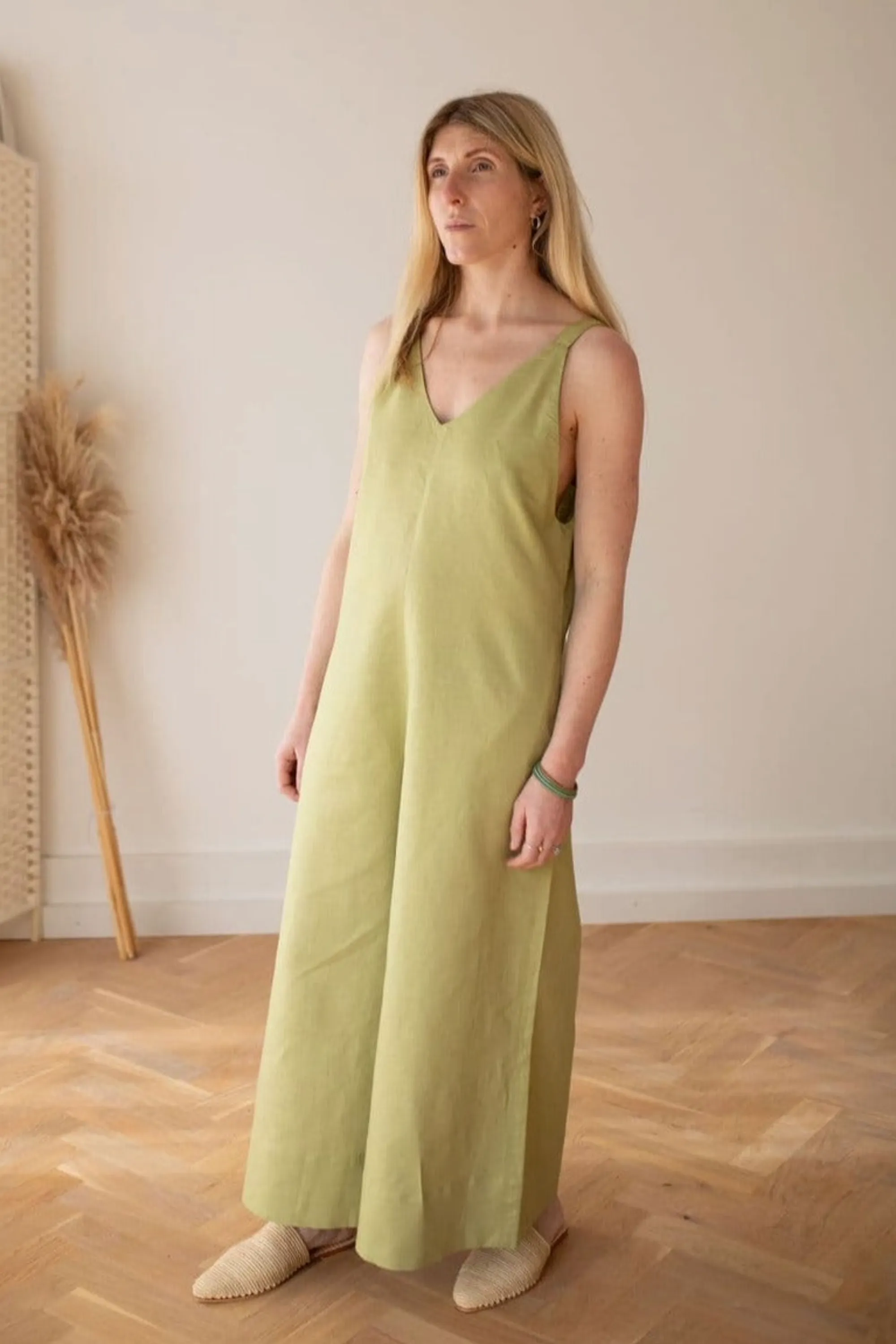 Wild Clouds X Gather & See Pear Green Linen Culotte Jumpsuit