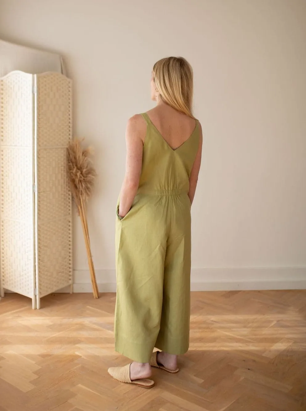 Wild Clouds X Gather & See Pear Green Linen Culotte Jumpsuit