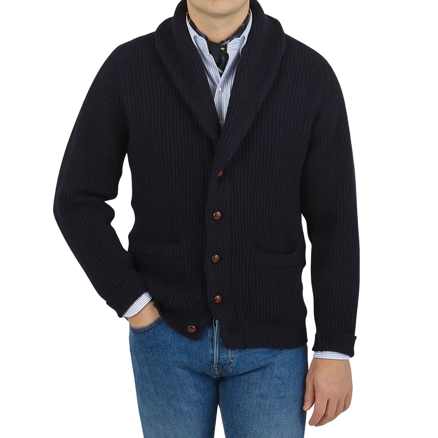 William Lockie x Julian's Navy Cashmere Chunky Shawl Cardigan