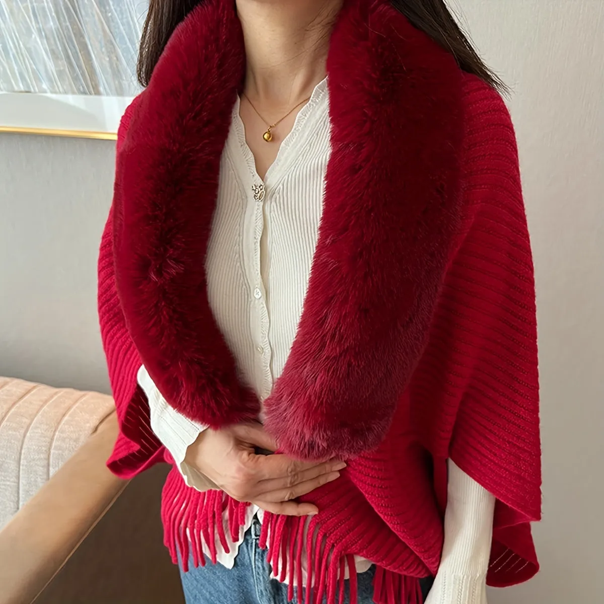 Winter Faux Fur Collar Shawl Cape Solid Color Warm Shawl Coat Casual Loose Outer Wear Knit Shawl Wrap