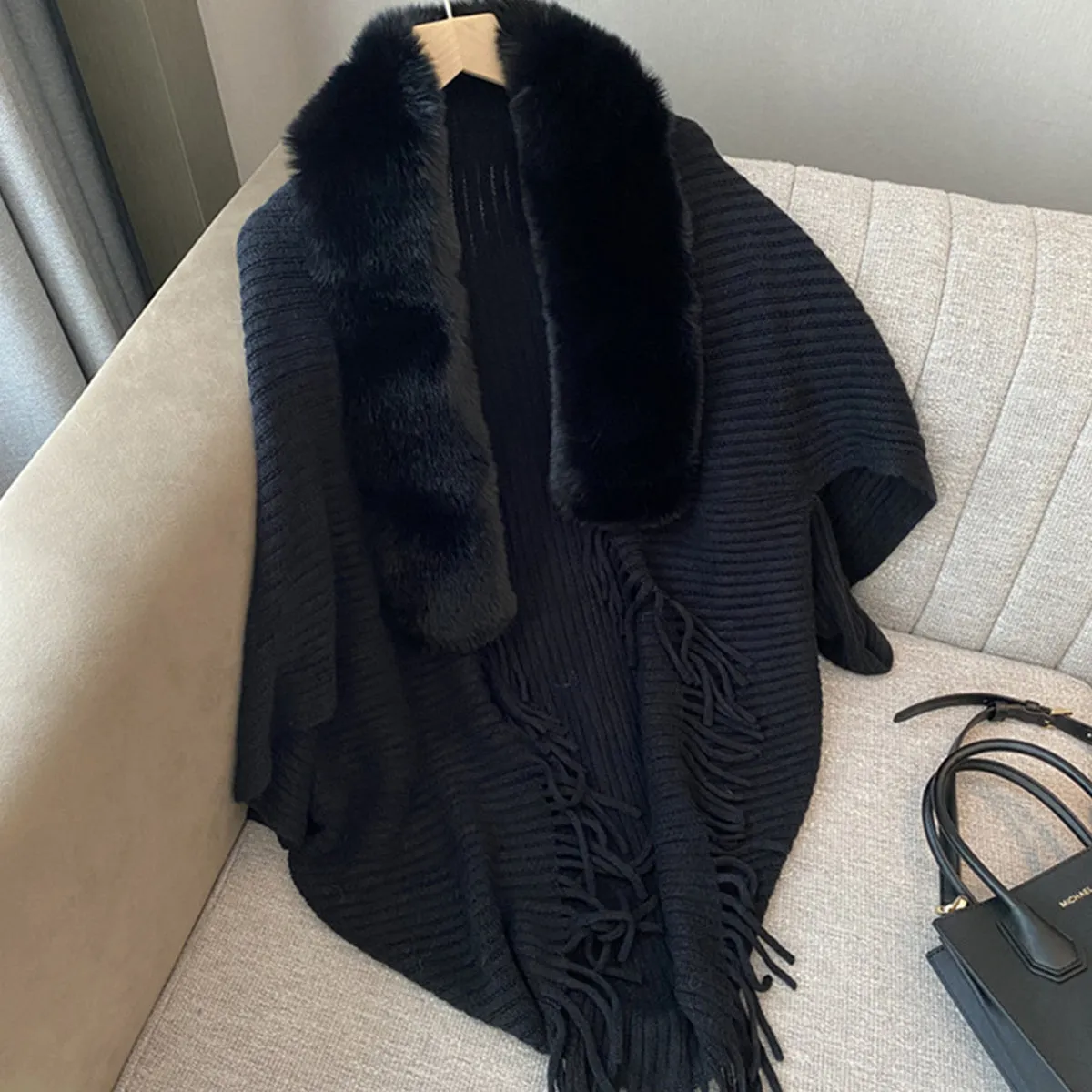 Winter Faux Fur Collar Shawl Cape Solid Color Warm Shawl Coat Casual Loose Outer Wear Knit Shawl Wrap